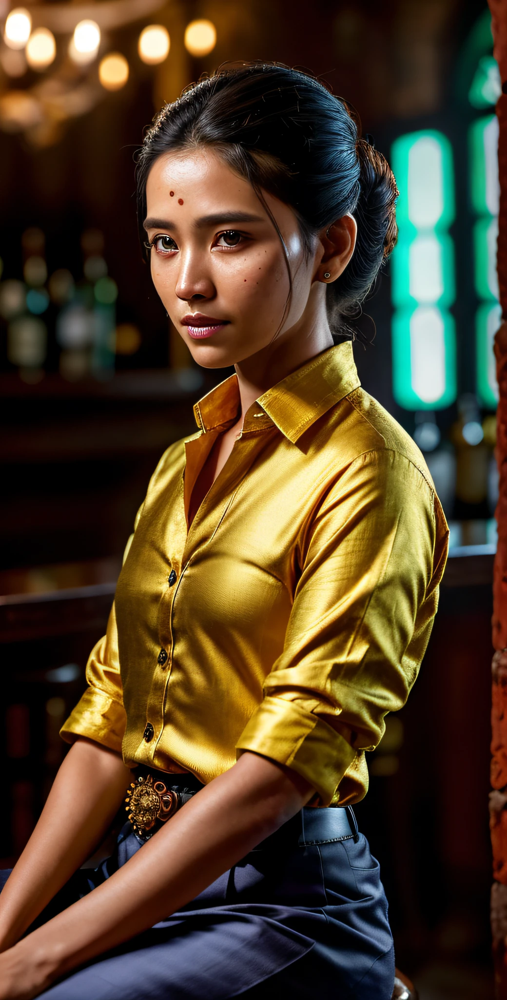 beautiful (EvelynNobodySD15) myanmar RPG character brunette hair upsweep updo button shirt at a cantina sitting bar tequila liquor bottles, Lighting-Gold (dark moody ambience:1.2) (masterpiece:1.2) (photorealistic:1.2) (bokeh) (best quality) (detailed skin:1.2) (intricate details) (Clutter-Home) (8k) (HDR) (cinematic lighting) (sharp focus) (myanmar) (burma)