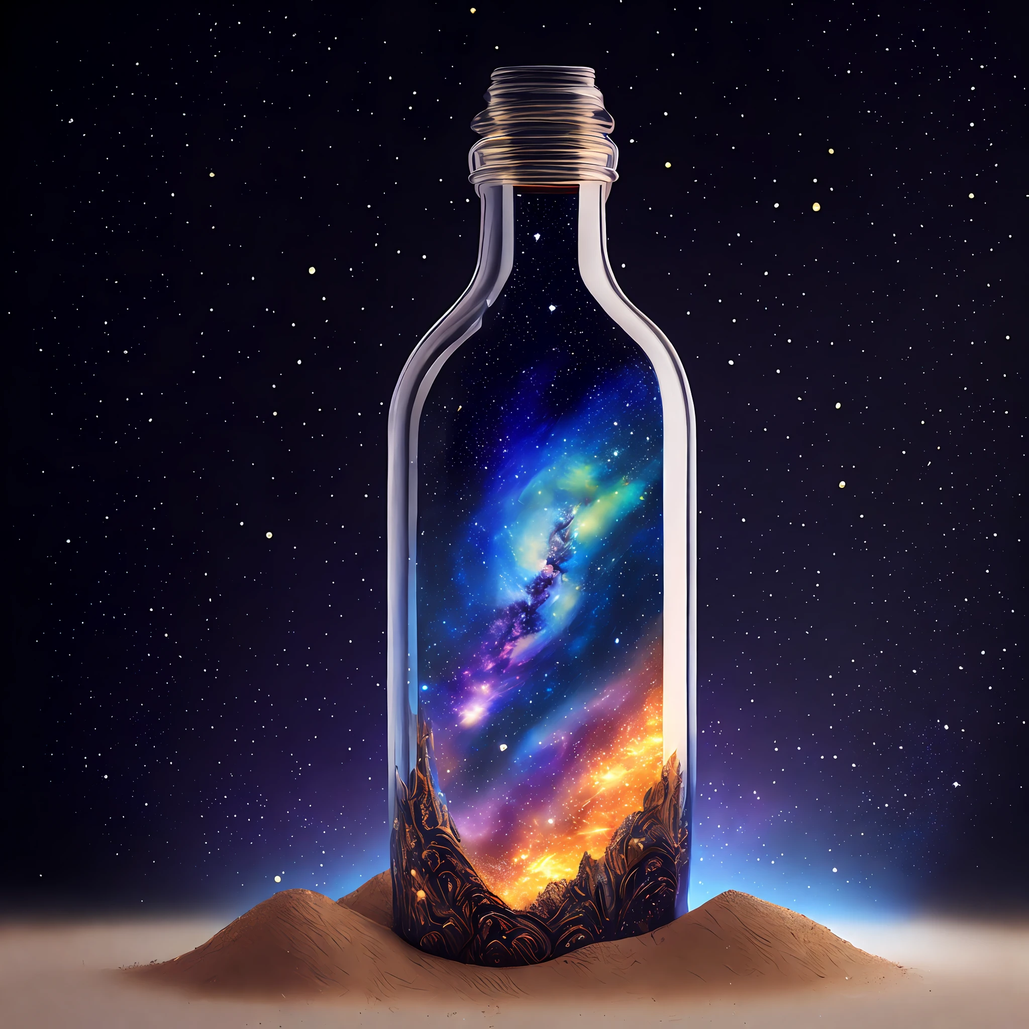 garrafa de vidro em cima de uma mesa a photorealistic painting | pixels| concept art| Stars and Galaxies| Highly detailed perfect rendering | light effect| Modern Fantasy| shiny multiverse ornaments| universe in a grain of sand| Photo Manipulation| beautiful composition | label written NEUTROFLAM with black font on a white background