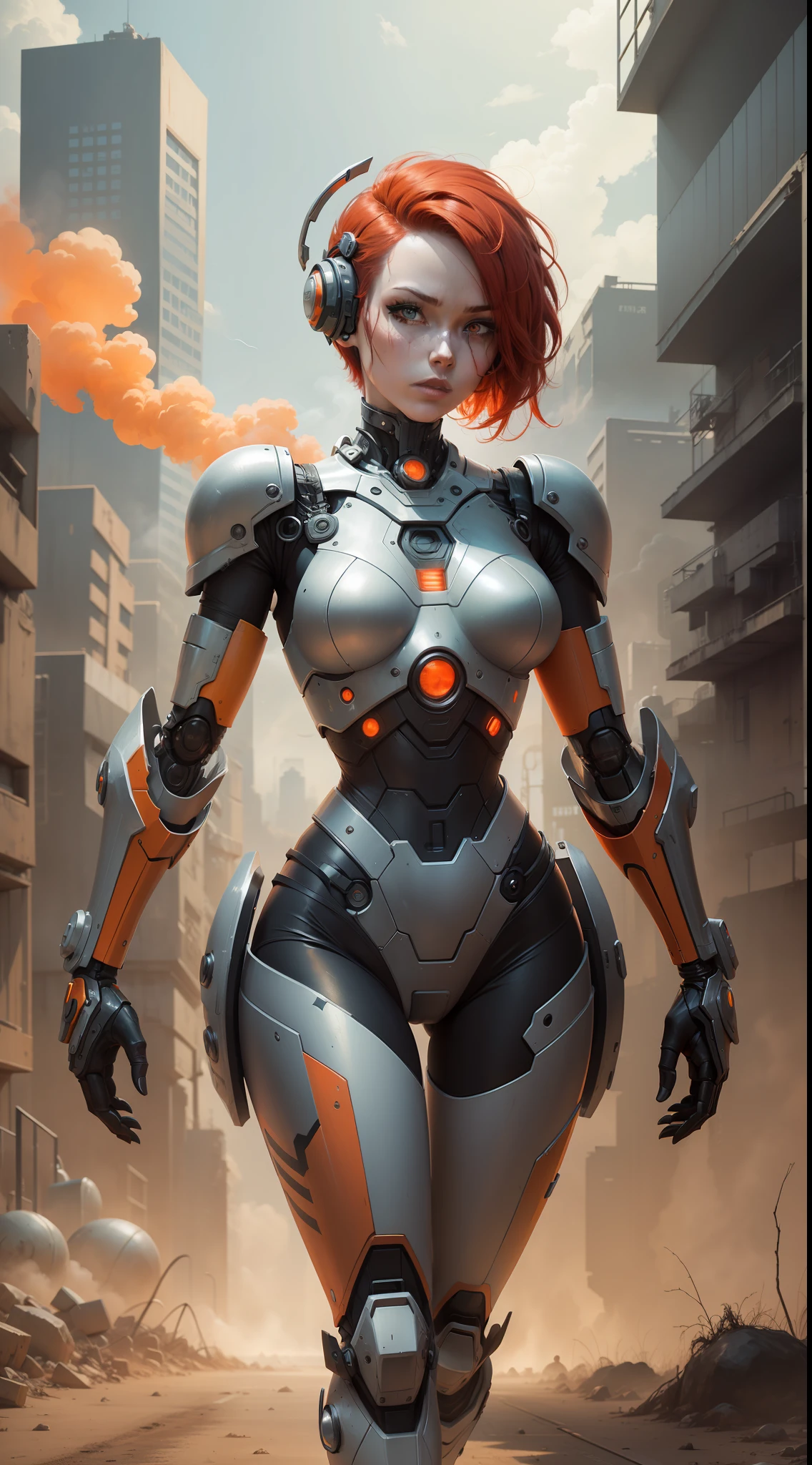 A robot woman, with a humanoid body with mostly metal, short red hair, walking through a post-apocalyptic landscape, sunny and with smoke, colors with orange palette