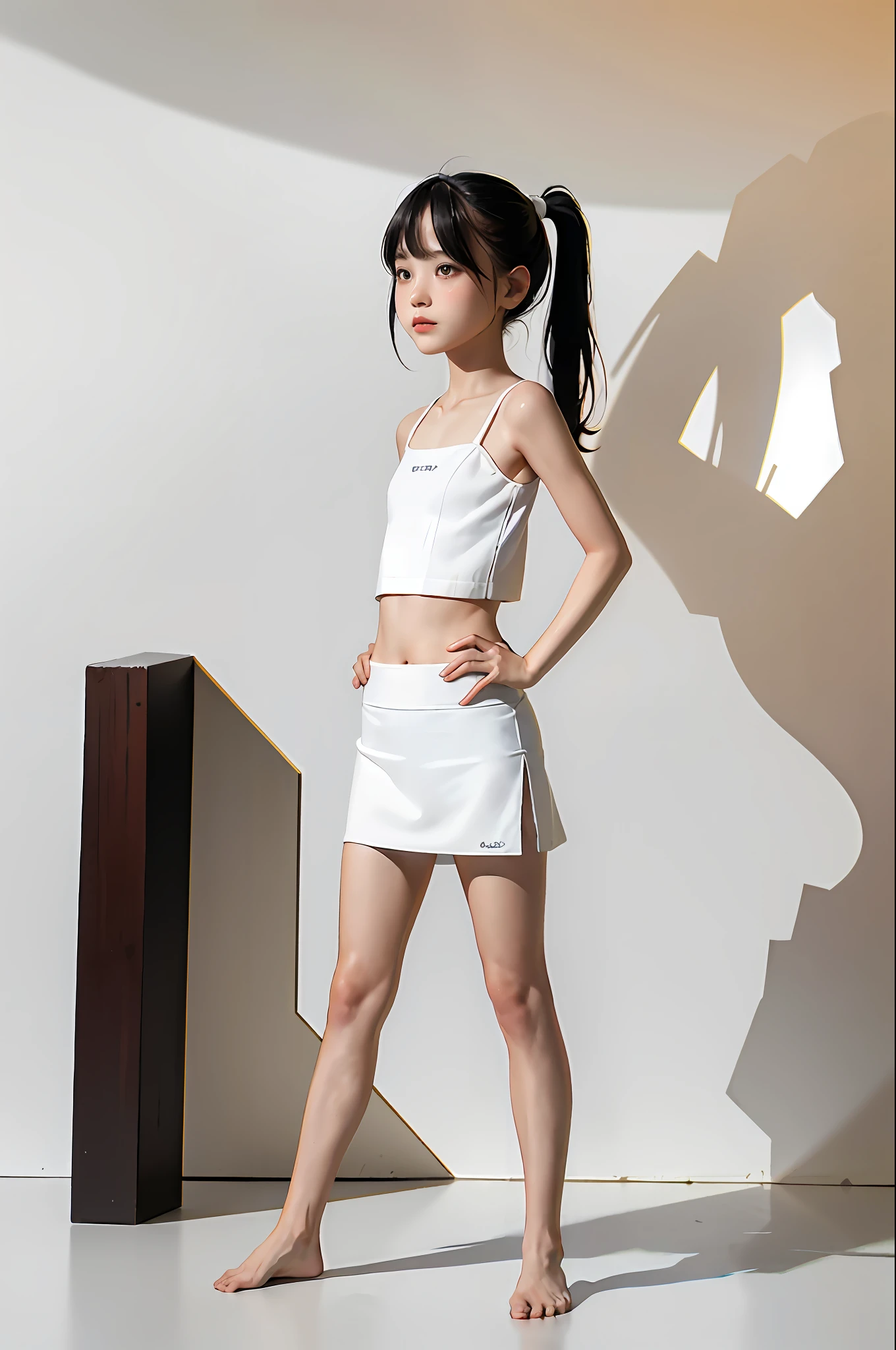 Masterpiece, best quality, (dark photo: 1.3), photorealistic, full body, small, 1girl, flat bangs, stunning innocent symmetrical face, white camisole, gauze fabric, standing knee, wind, mini skirt, open leg pose, ponytail, emotional, orchan, (PureErosFace_V1:0.7)
