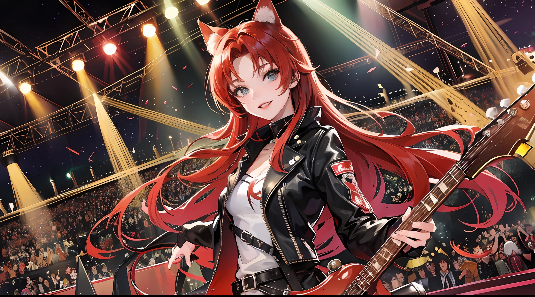 Beautiful red-haired girl, rock star, cat ears as ornament, waves and smiles from the top of the stage thanking the crowd for attending tonight, rock show with lighting and spotlights, 2d anime style --auto --s2