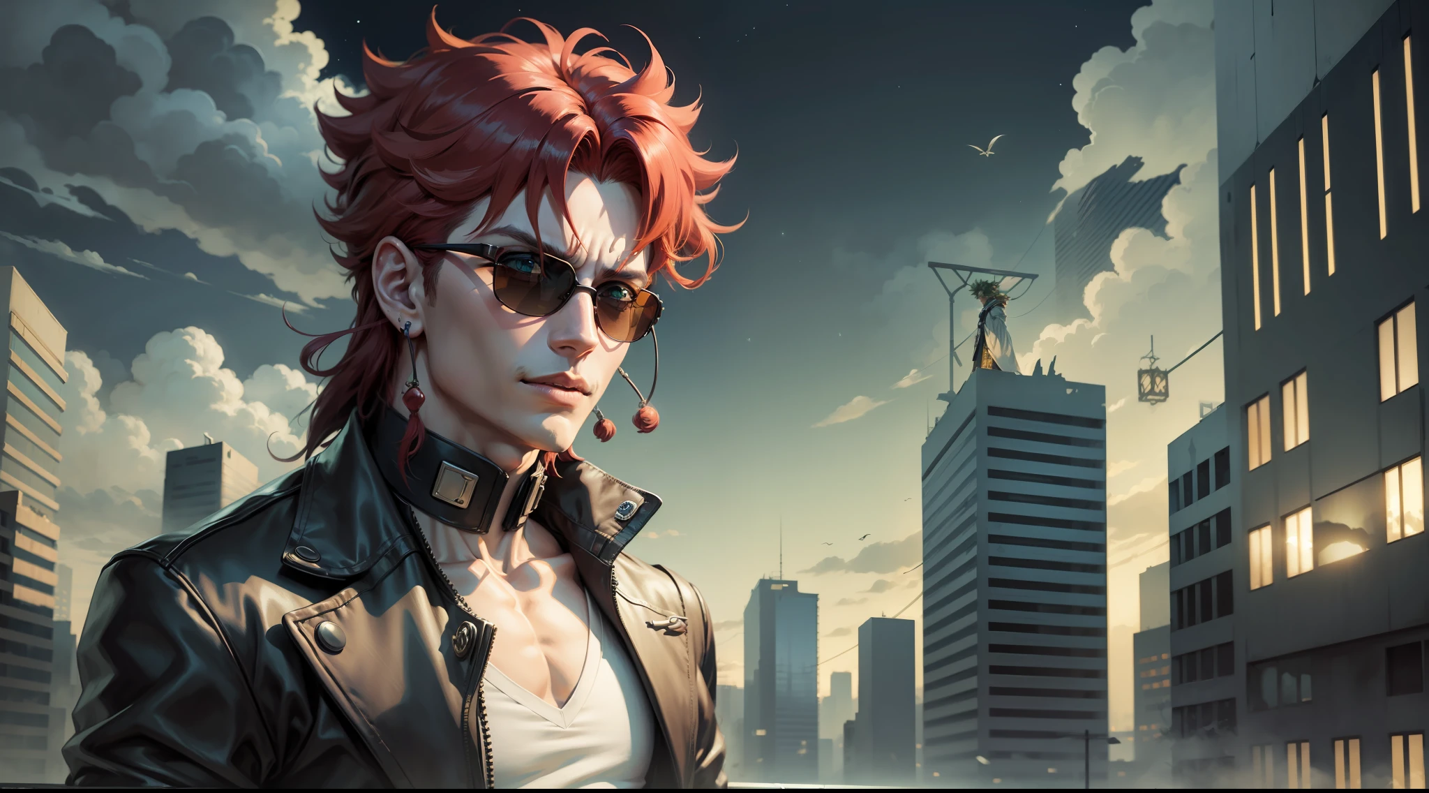 Kakyoin sing in a ruined city, jojo's bizarre Adventure, hd, nobody, one man, night, eye closes, sunglasses, human, no building, no life, dark, shadows, lost, singing