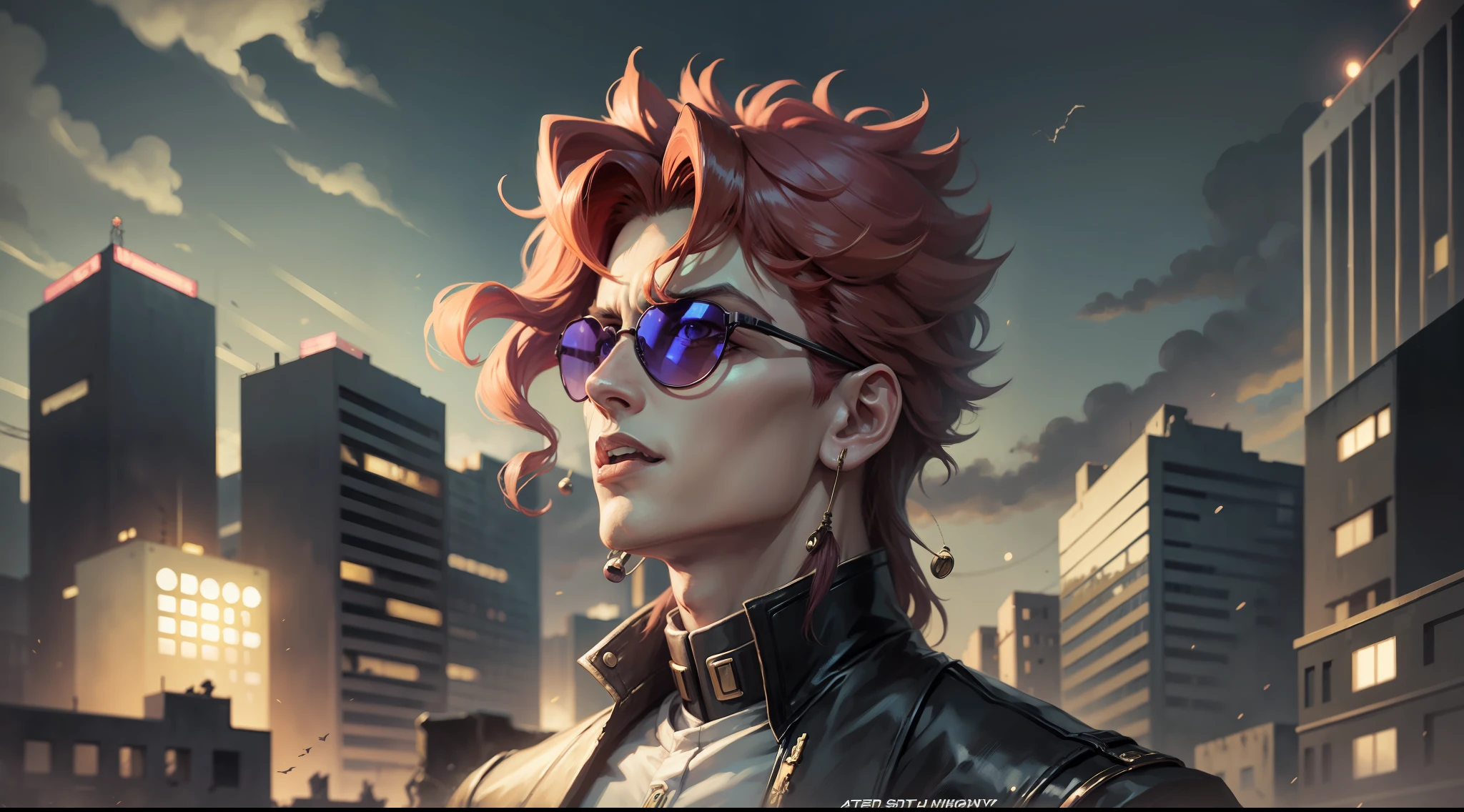 Kakyoin sing in a ruined city, jojo's bizarre Adventure, hd, nobody, one man, night, eye closes, sunglasses, human, no building, no life, dark, shadows, lost, singing