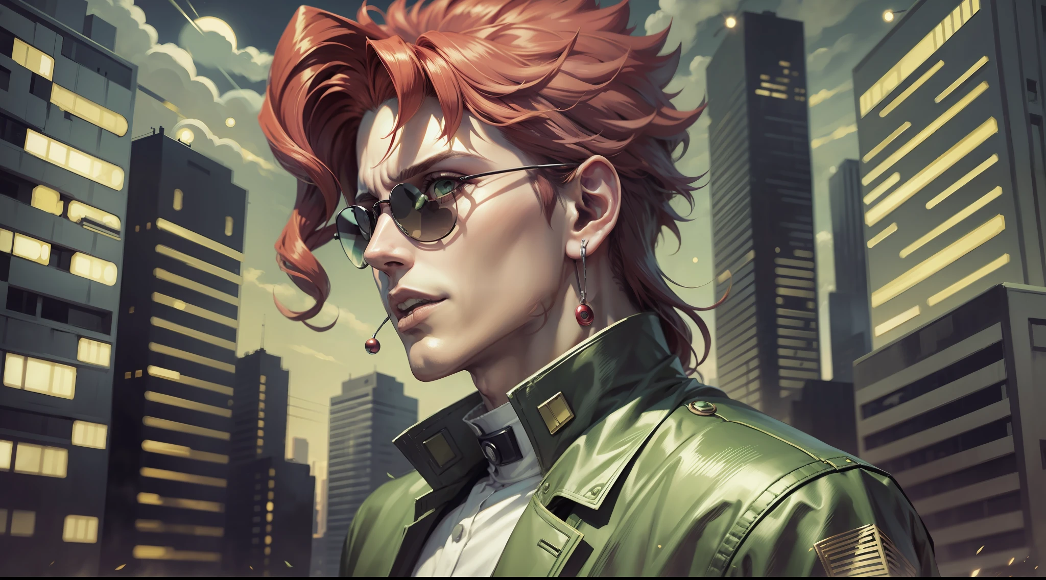Kakyoin sing in a ruined city, jojo's bizarre Adventure, hd, nobody, one man, night, eye closes, sunglasses, human, no building, no life, dark, shadows, lost, singing