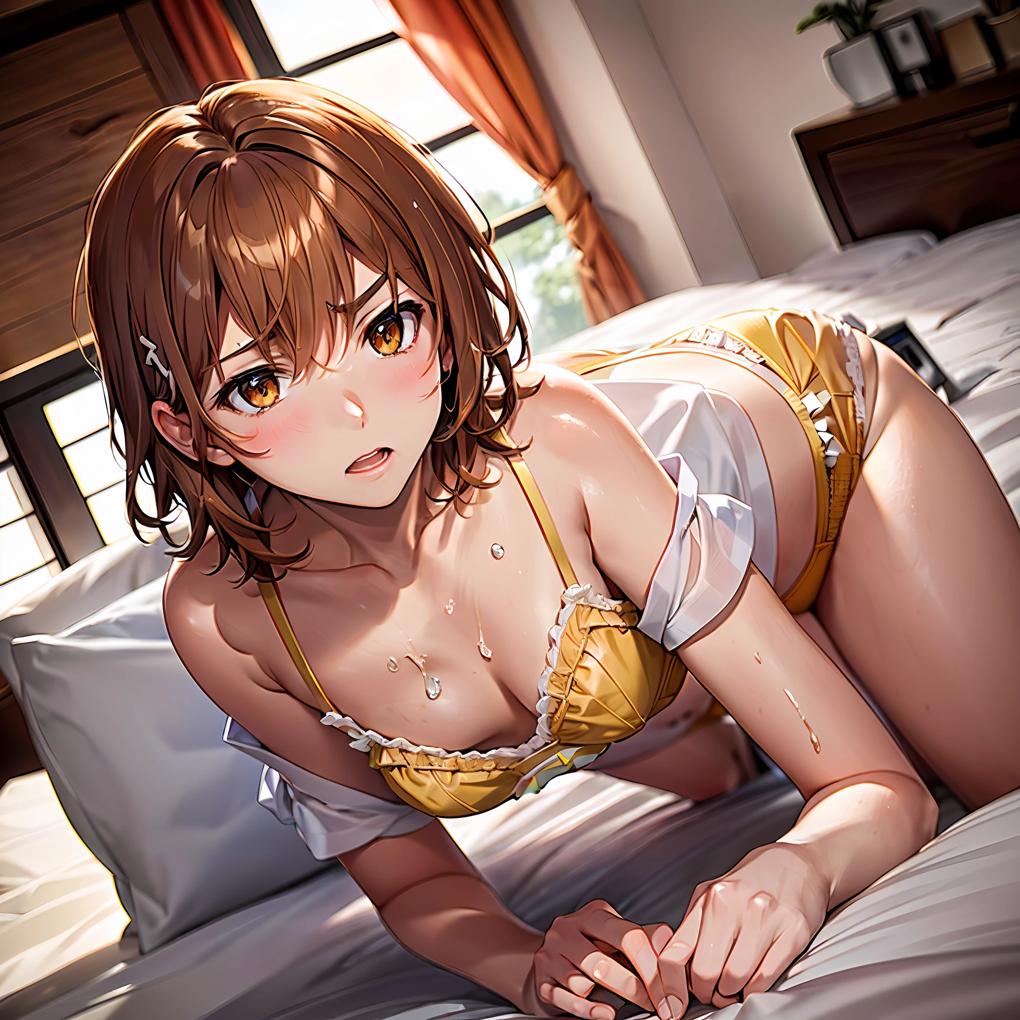 misaka_mikoto AND ((super detailed)), A Certain Science, V-shaped eyebrows, short hair, brown hair, yellow hair clip, brown eyes, small , orange , realistic bedroom, (wet ), (small ), (ruffled ), ((fancy )), (sheer ), ((touching )), ((girl)), (small ), (soft skin), realistic bedroom, a certain science, short hair, brown hair, brown hair, yellow hair clip, brown eyes, small , orange , ruffled , delicately decorated , embarrassed face, angry face, 16 years old, 160cm, solo, crawling , angle from above