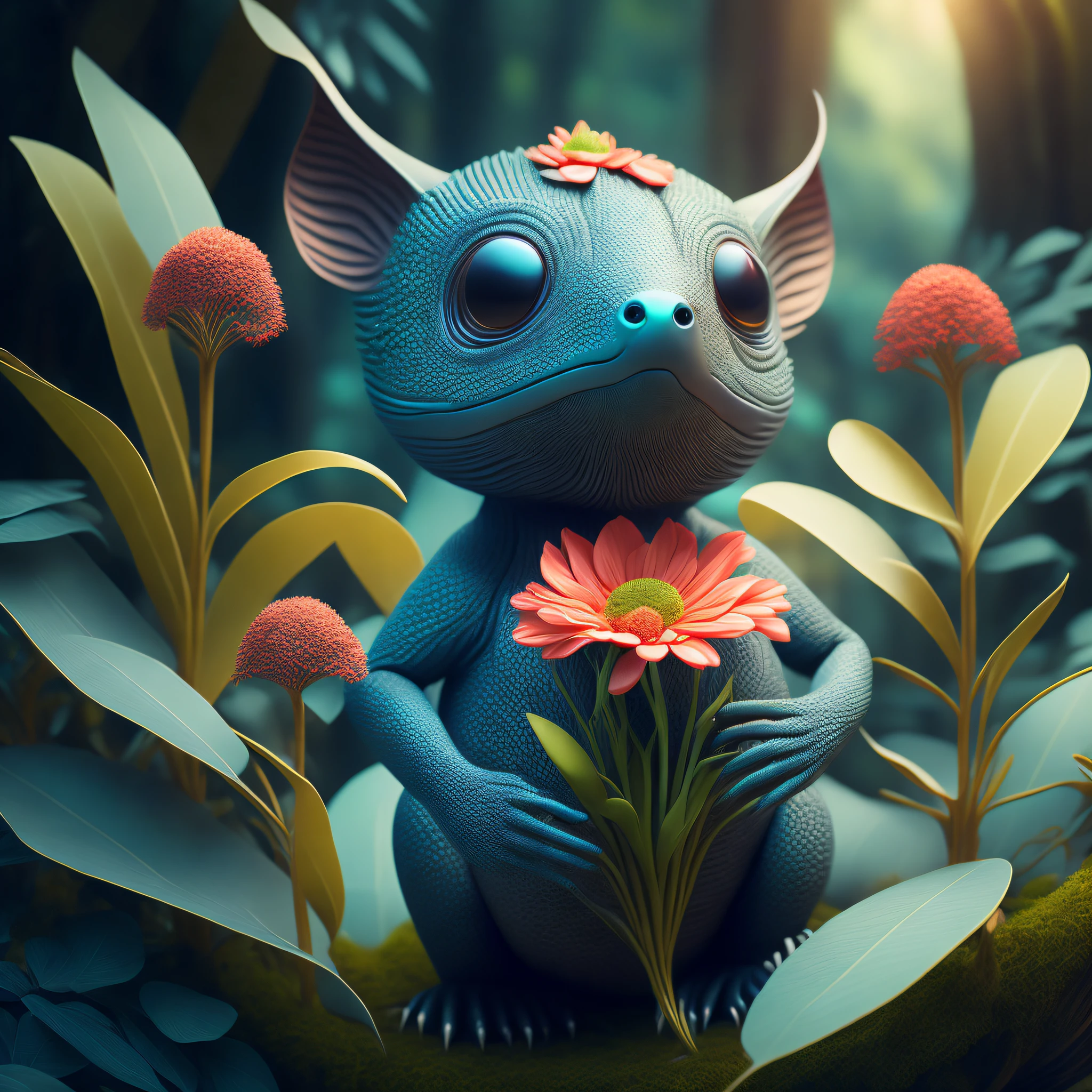 "Extremely hyper-realistic realistic cute creature holding a flower in the vast jungle by James Jean and Android Jones: Jeff Koons: Erin Hanson: Joe Fenton: Dan Mumford: Professional photography, natural lighting, volumetric lighting, minimalist photography illustration, 8k resolution concept art, complex detail, complex, elegant, vast, fantastical:"