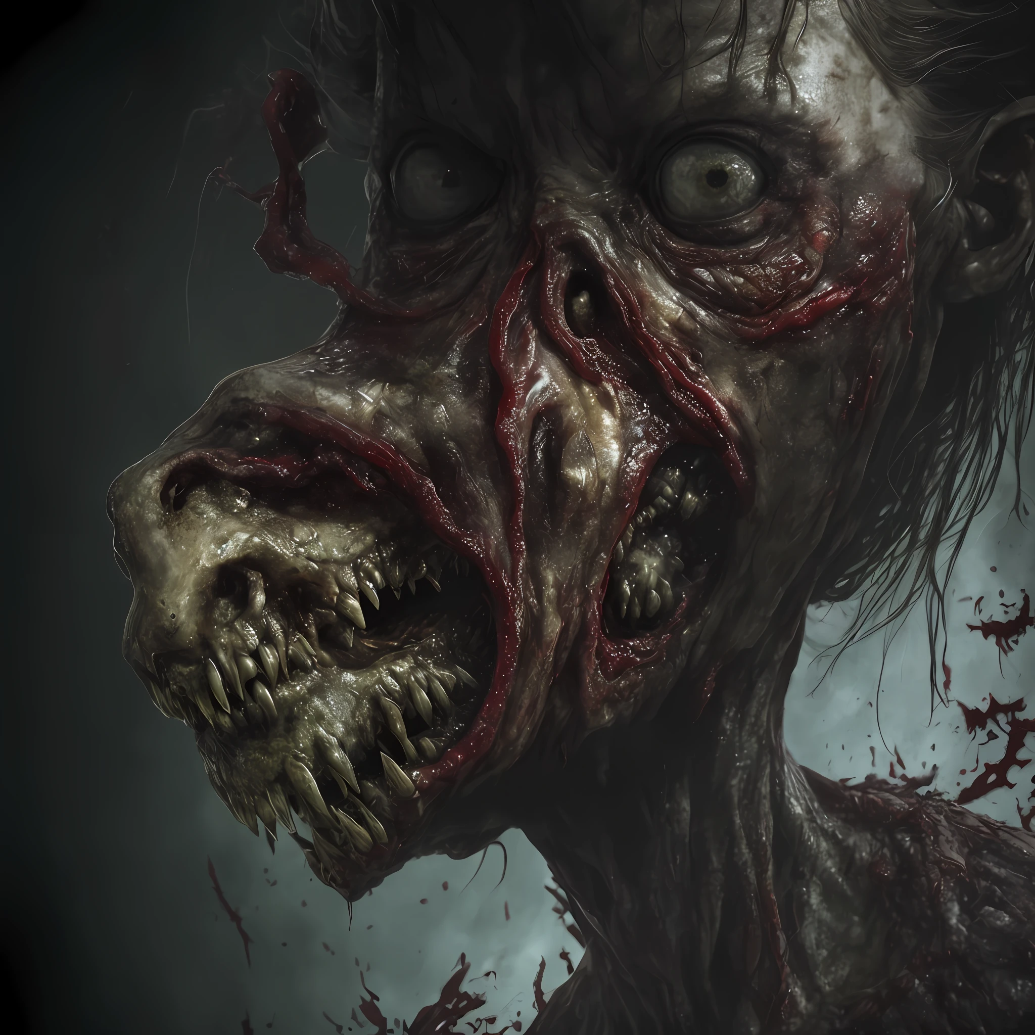 Hyper realism, woman being absorbed by a bloody monster, evil within monster, scary mutant flesh creature, resident evil virus, hyper realistic fantasy monster, zombie in horror, towering giant made of zombies, the last of us zombie, gaping maw, fleshy creature above your mouth, scary hyper realism