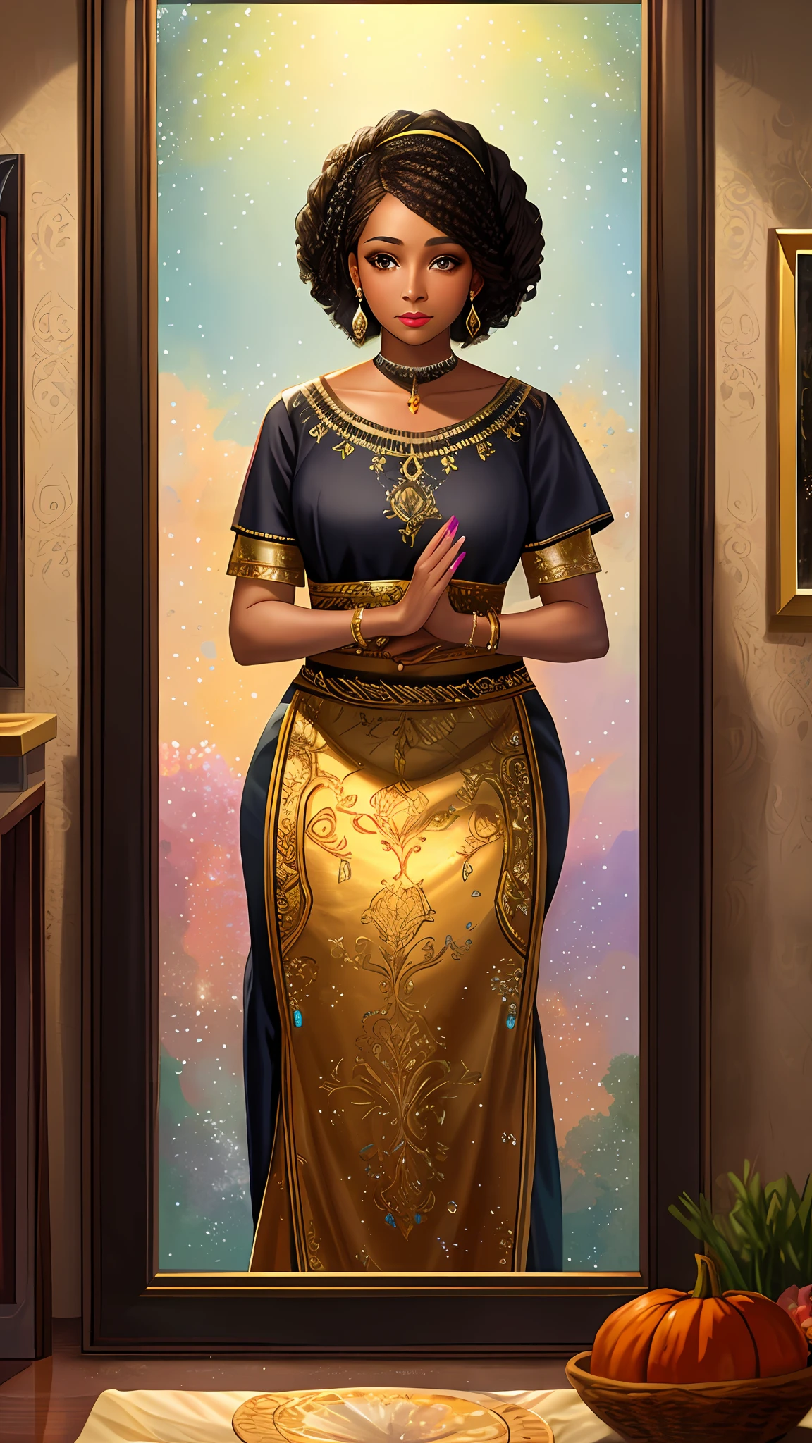 1 black woman in front of mirror makeup (ultra realistic) (best quality) of a painting, luminous design, pastel colors, ink drops, autumn lights