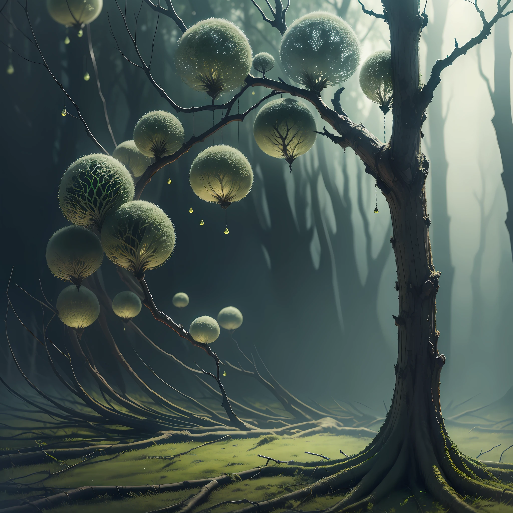 best quality, ultra high resolution, tree with trunk made of titanium, silver leaves and emerald fruits ultra detailed, ((crooked and scary damaged trees in the background)), (fireflies in the air), (oppressive atmosphere: 1.6), forest moss, fog, fog, scary, (scary shadows: 1.1),soft lighting, (intricately detailed, fine details, hyperdetailed), cinematic, hyperrealistic, hyper realism soft light, studio lighting, diffuse soft lighting, shallow depth of field, sharp focus, --auto --s2