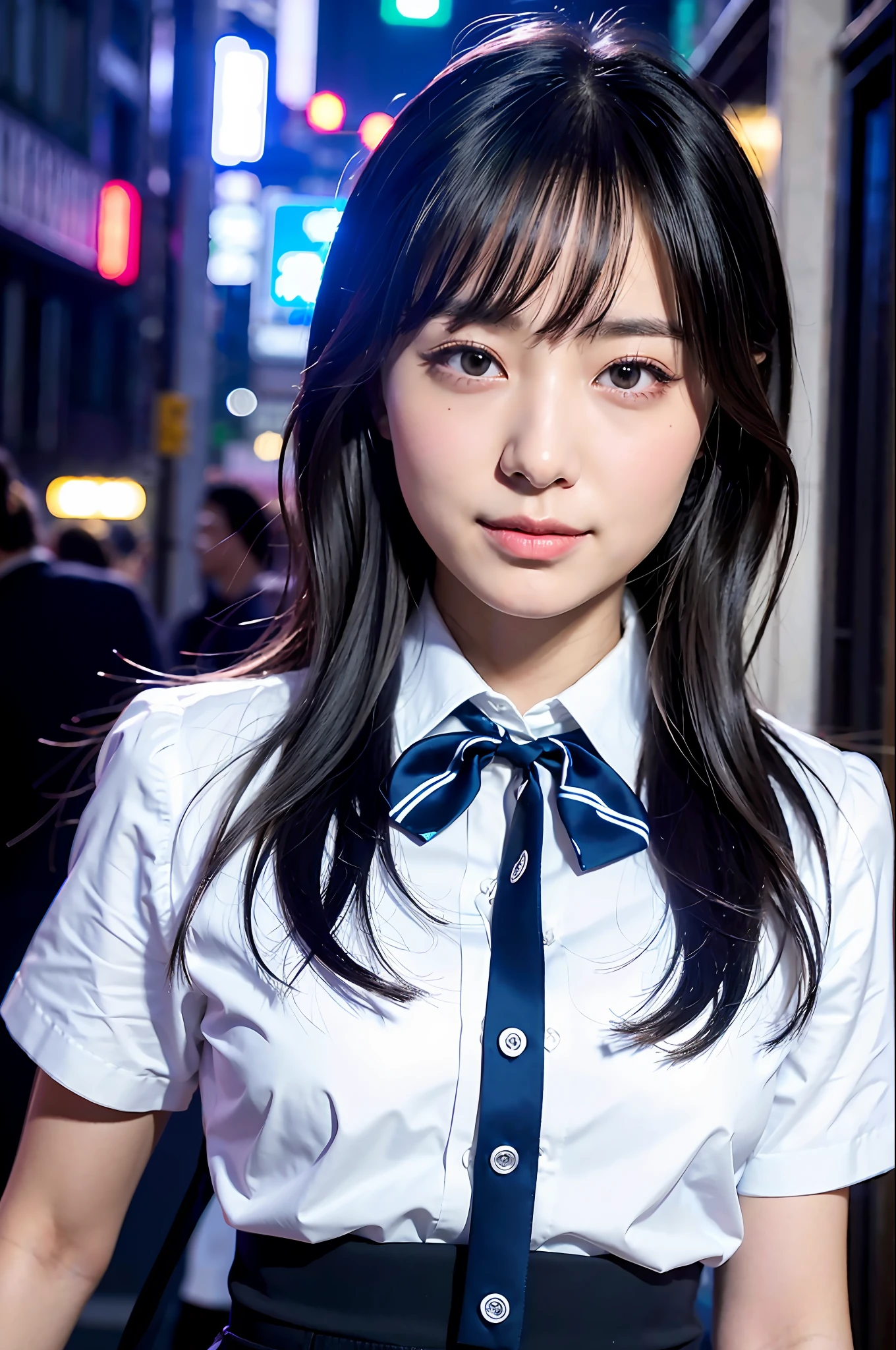 (8k, RAW photo, best quality, mastery:1.3), (realistic, photo-realistic:1.37), (looking viewer:1.331), (white hair), posing, Tokyo street, nightcityscape, cyberpunk city, soft light, 1girl, extremely beautiful face , perfect body proportions, focal length, bust, casual hairstyle, smile, big eyes, (short sleeves JK_shirt), JK_style, (navy JK_skirt), (bow JK_tie), mix4, detailed eyes