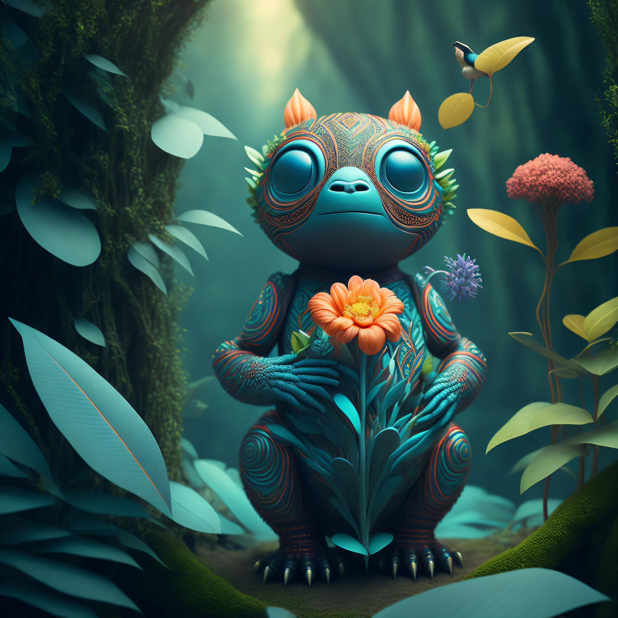 "Extremely hyper-realistic realistic cute creature holding a flower in the vast jungle by James Jean and Android Jones: Jeff Koons: Erin Hanson: Joe Fenton: Dan Mumford: Professional photography, natural lighting, volumetric lighting, minimalist photography illustration, 8k resolution concept art, complex detail, complex, elegant, vast, fantastical:"