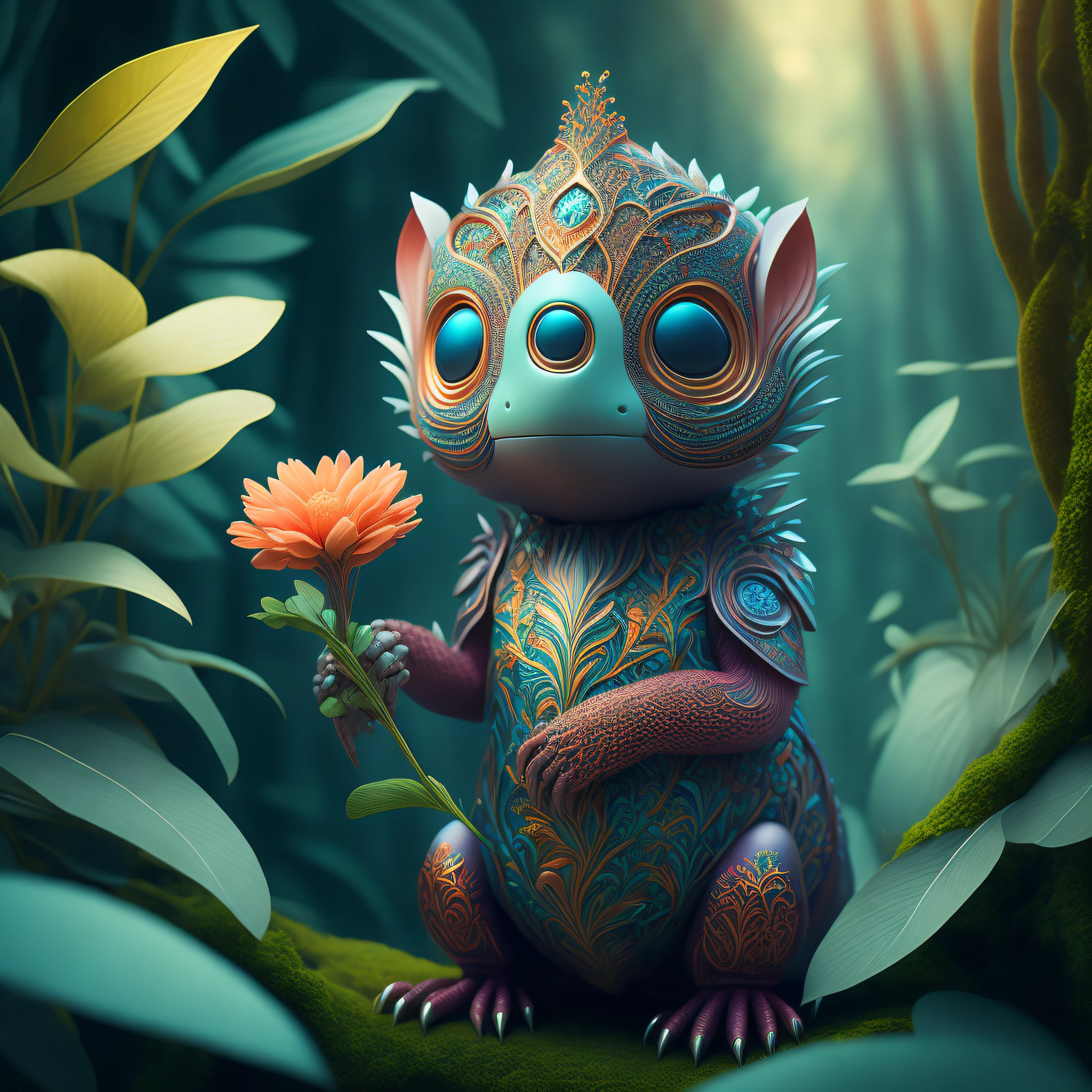 "Extremely hyper-realistic realistic cute creature holding a flower in the vast jungle by James Jean and Android Jones: Jeff Koons: Erin Hanson: Joe Fenton: Dan Mumford: Professional photography, natural lighting, volumetric lighting, minimalist photography illustration, 8k resolution concept art, complex detail, complex, elegant, vast, fantastical:"