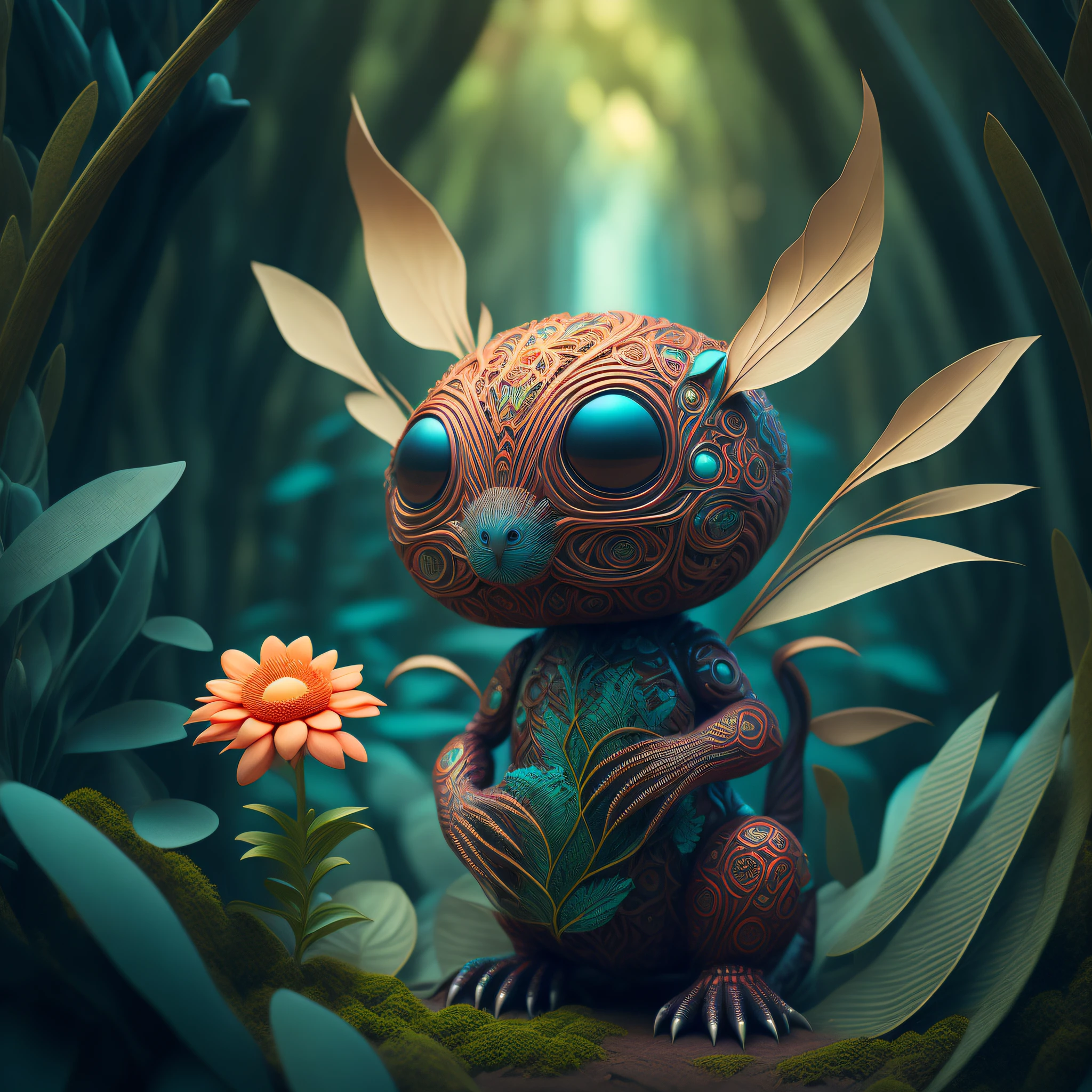 "Extremely hyper-realistic realistic cute creature holding a flower in the vast jungle by James Jean and Android Jones: Jeff Koons: Erin Hanson: Joe Fenton: Dan Mumford: Professional photography, natural lighting, volumetric lighting, minimalist photography illustration, 8k resolution concept art, complex detail, complex, elegant, vast, fantastical:"