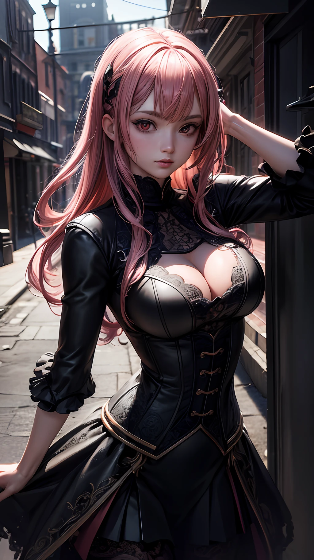 (((:i))), highly detailed, hyper realistic, super detailed, dynamic pose, photography, volumetric, ultra detailed, intricate details, 32k, super resolution, backlight, natural lighting, cinematic lighting, highlight lighting, global lighting, Global Screen Space Illumination, Ray Tracing Global Illuminati on, Lumen Reflections, Cell Shading, Tone Mapping, super-detailed, ultra photorealistic, , intricate details, 8K, ambient occlusion, volumetric lighting, Sharp Focus, Superior Quality, Masterpiece, Ultra High Resolution, (Photorealistic: 1.4), Raw Photo, Deep Shadows, Girl, Pink Hair, Red Eyes, Black Top, Black Skirt, Pantyhose, Wall Hanging Stock, Night, Alley with Flowers