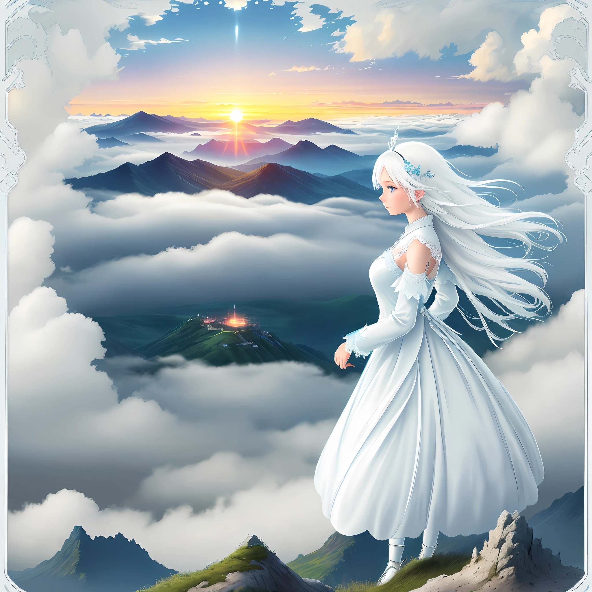 (high quality picture),(landscape),sunset,beautiful nature,scenic nature,fog, (minohorasu),blue eyes,white hair,airy dress,lightness,fantasy world,smoothness,perfection,surrealism)