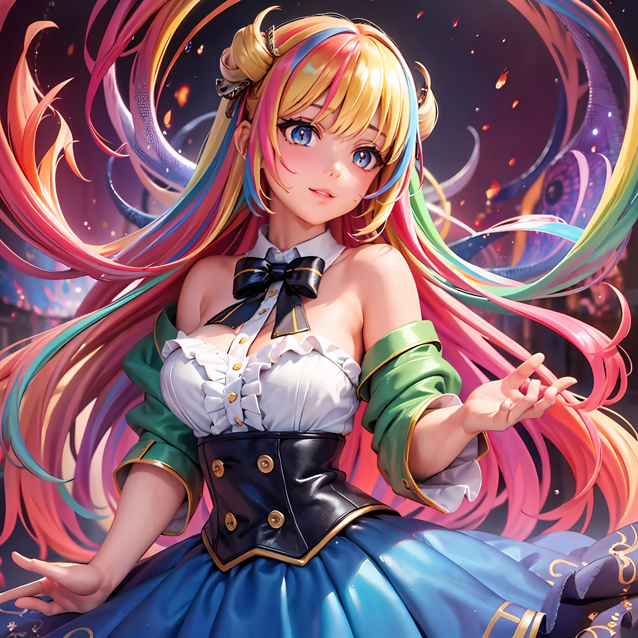 nuclear explosion behide,flames of war,(rain:1.2),detailed lighting,(detailed water:1.2),long bangs,hair between eyes,white bowties,flower,blank stare,beautiful detailed glow,beautiful detailed eyes,beautiful detailed girl,(multicolored hair:1.2),(gradient hair:1.2),(very long hair:1.2),(floating hair:1.2),panorama,masterpiece,best quality,ultra-detailed,illustration,disheveled hair,frills,1girl,solo,dynamic angle,big top sleeves,floating,beautiful detailed sky,beautiful detailed water,beautiful detailed eyes,overexposure,side blunt bangs,hair between eyes,ribbons,bowties,buttons,bare shoulders,detailed wet clothes,blank stare,pleated skirt,flowers,smile,large breasts,moonflower,black wings