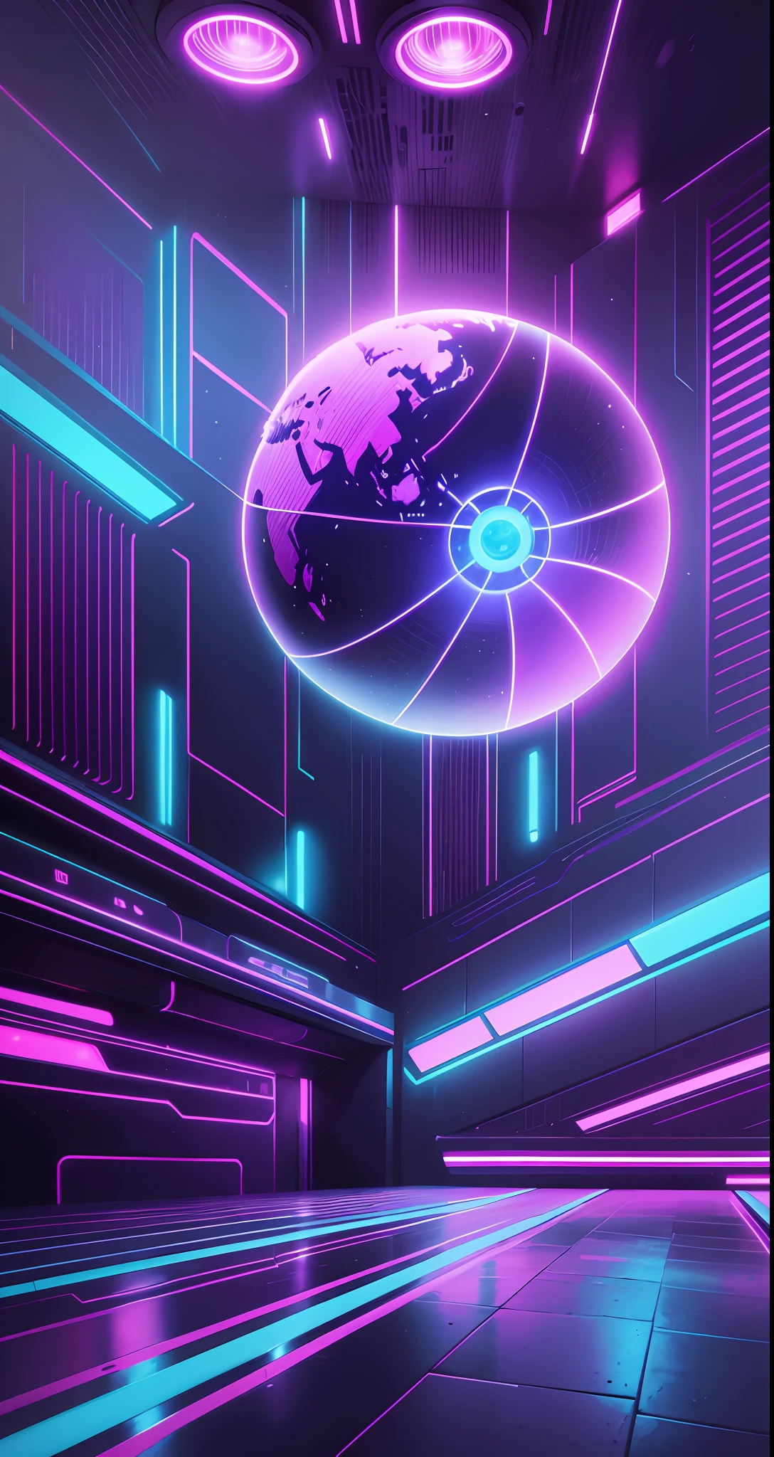 a futuristic image of an 80s nightclub, with bright lights, digital art style, The image should be symmetrical highly detailed and have precise lighting and shadows to create a realistic look, detailed rotating globe of lights on the ceiling of the stage, 8k --auto --s2