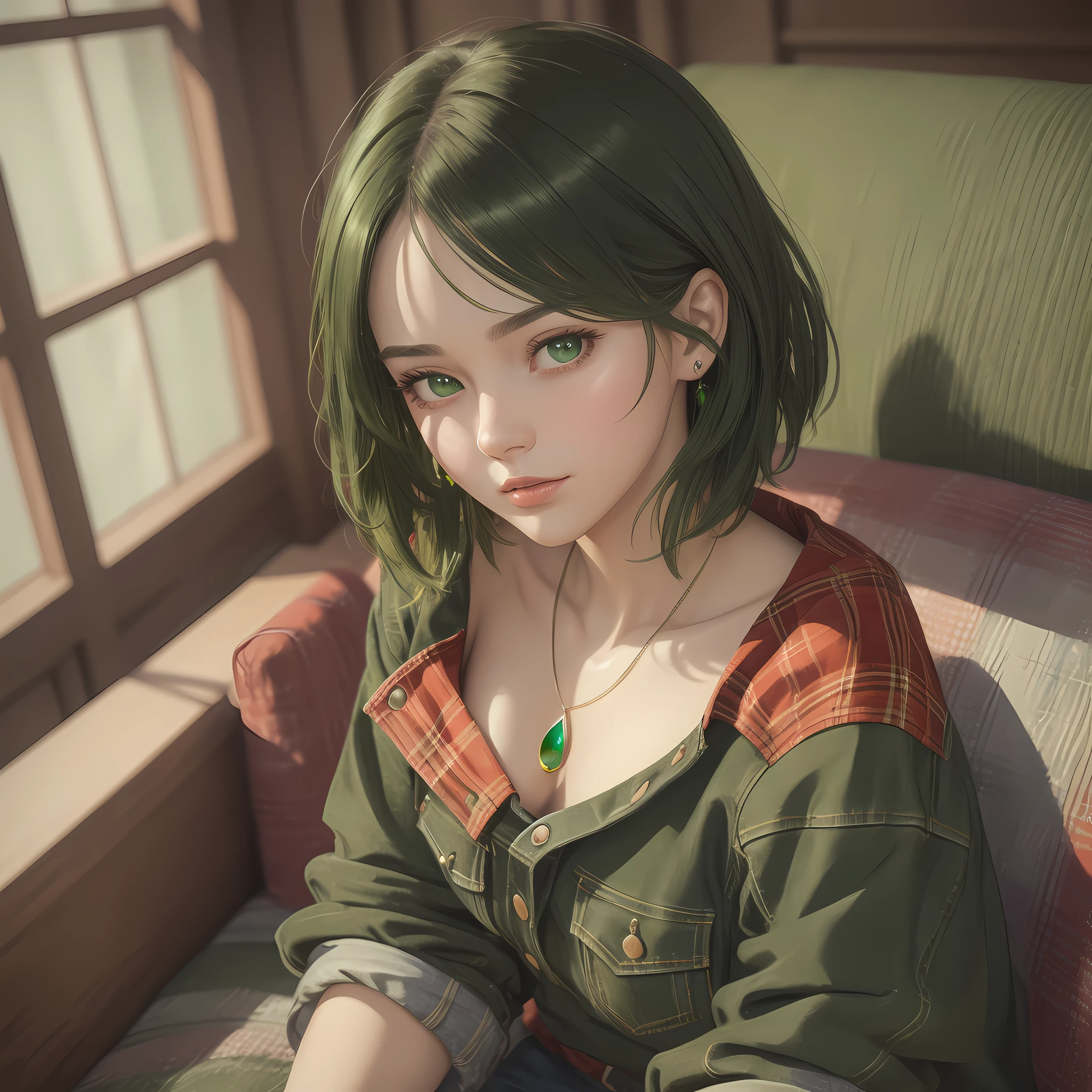 (((masterpiece))), a beautiful girl, young, 18 years old, lying on the sofa, short hair, black, detailed strands beautiful eyes, ((((green)))), detailed, beautiful lips, (((red))), detailed, skin color white, detailed, face (((symmetrical))), wearing a plaid shirt, red, detailed, a pair of jeans, detailed, black, all star red, wide-angle, 8k HDR, hyperrealism, insanely detailed, ,Unreal engine --auto --s2