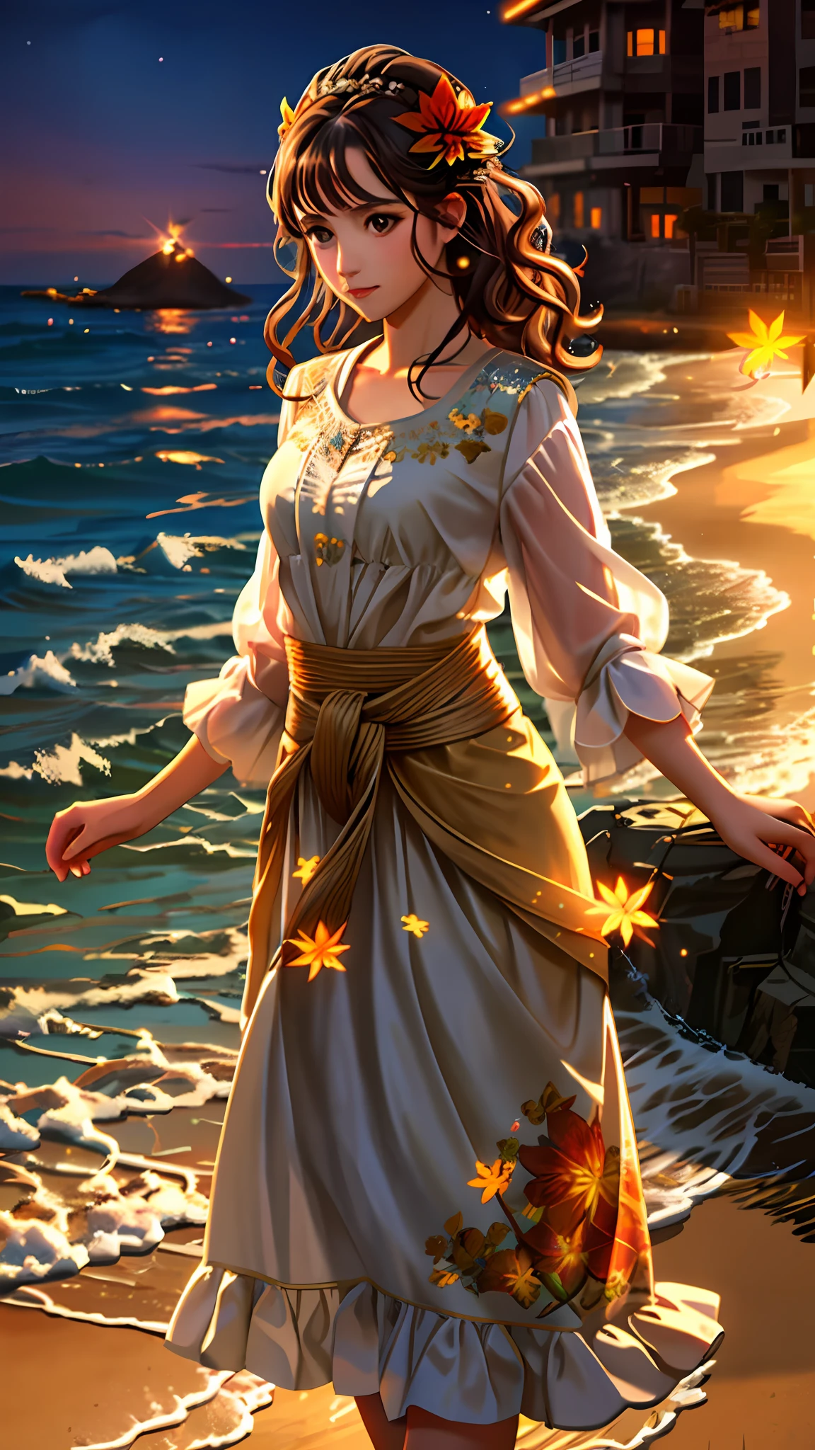 1girl, mse a woman, seaside, waves, sand, pencil skirt, luminous design, pastel colors, ink drops, autumn lights