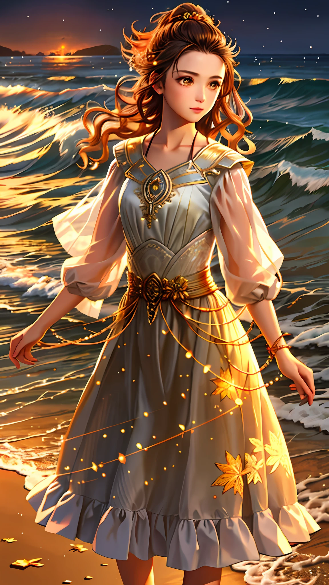 1girl, mse a woman, seaside, waves, sand, pencil skirt, luminous design, pastel colors, ink drops, autumn lights