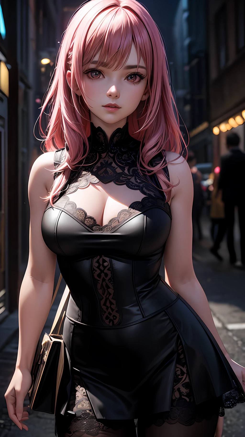 (((:i))), highly detailed, hyper realistic, super detailed, dynamic pose, photography, volumetric, ultra detailed, intricate details, 32k, super resolution, backlight, natural lighting, cinematic lighting, highlight lighting, global lighting, Global Screen Space Illumination, Ray Tracing Global Illuminati on, Lumen Reflections, Cell Shading, Tone Mapping, super-detailed, ultra photorealistic, , intricate details, 8K, ambient occlusion, volumetric lighting, Sharp Focus, Superior Quality, Masterpiece, Ultra High Resolution, (Photorealistic: 1.4), Raw Photo, Deep Shadows, Girl, Pink Hair, Red Eyes, Black Top, Black Skirt, Pantyhose, Wall Hanging Stock, Night, Alley with Flowers