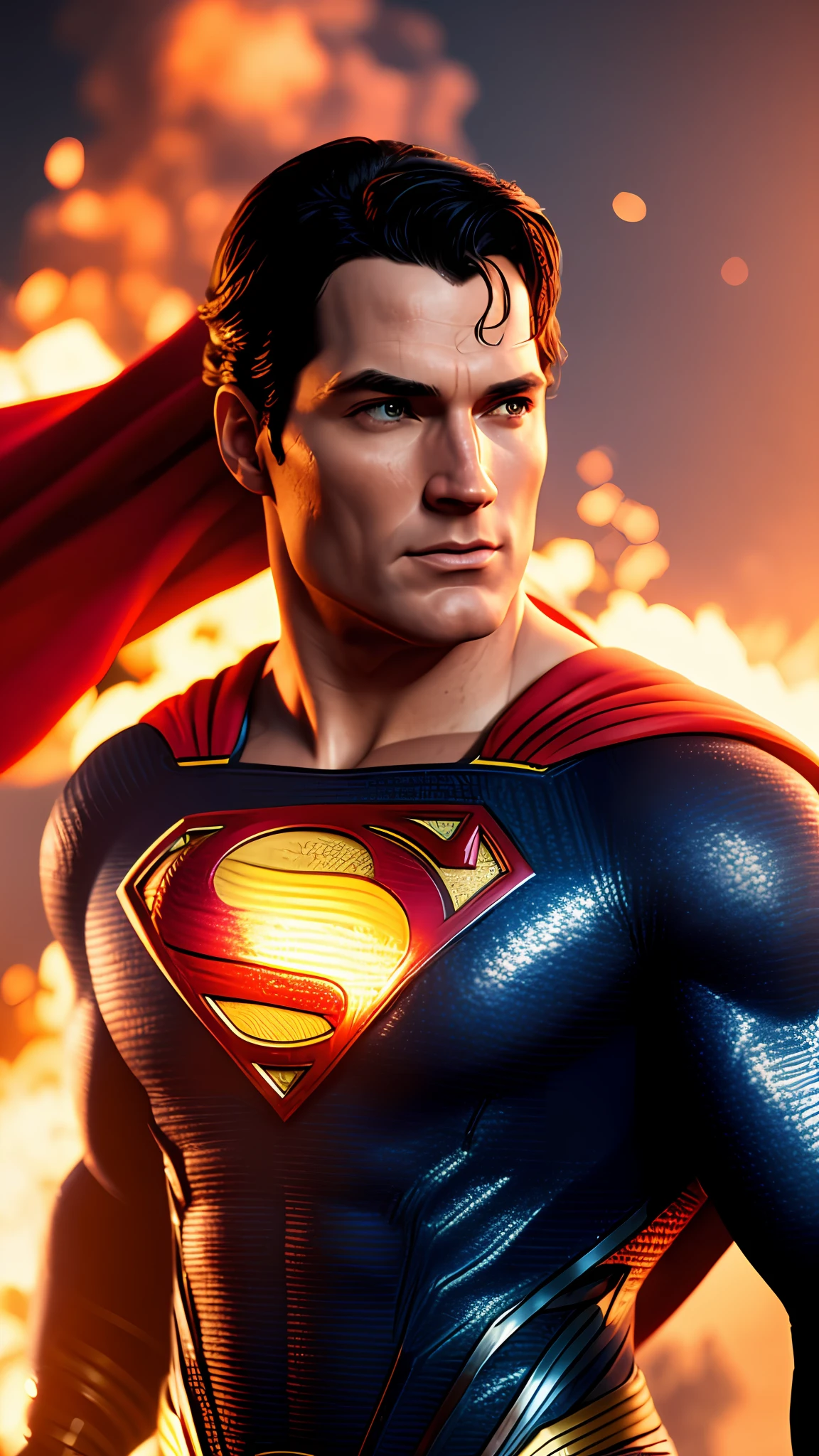 superman, photography, on background full of fire, soft lighting, soft details, octane, artstation trend, ultra high detail, ultra realistic, cinematic, 16k
