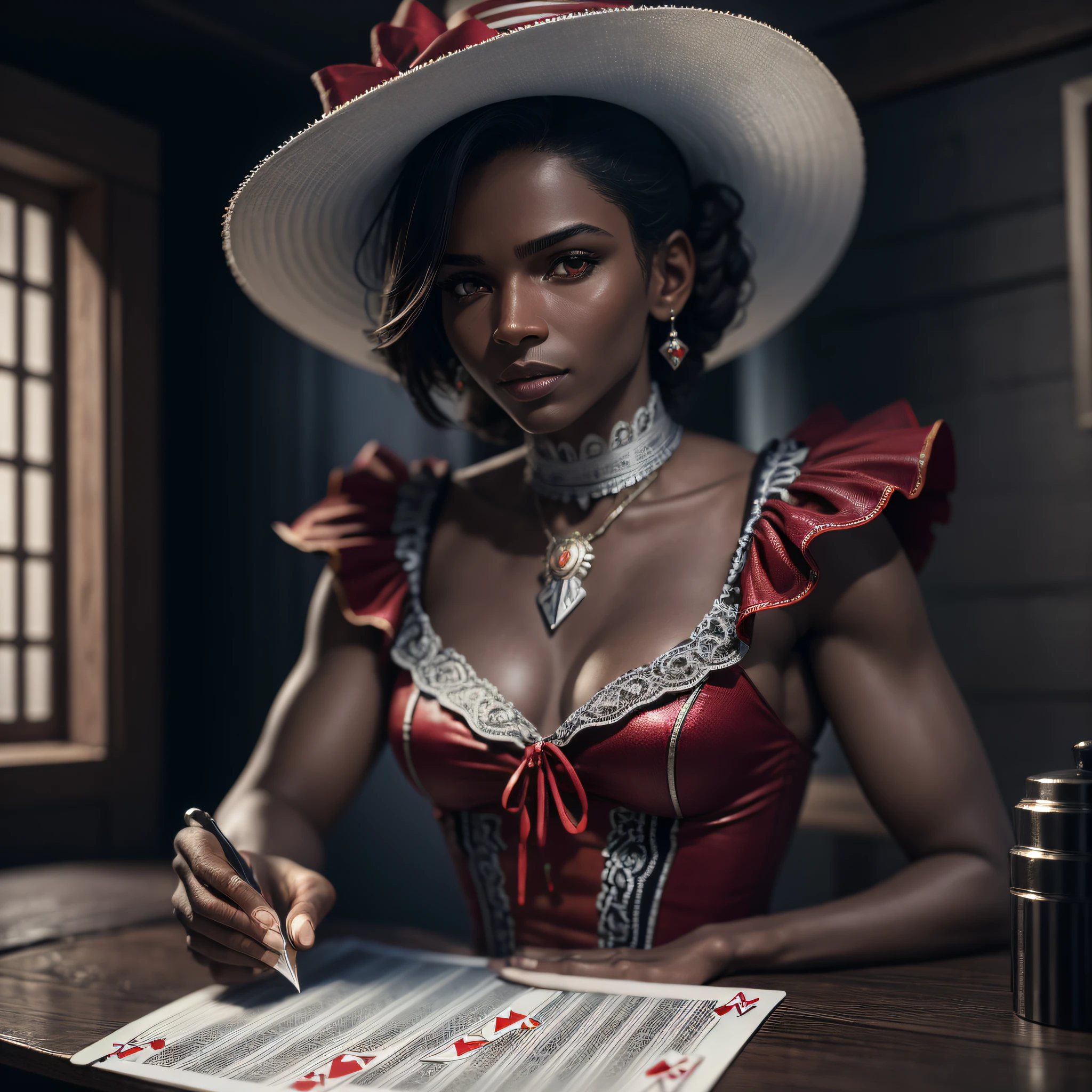 Brazilian trickster, Maria Razor, white Panama hat with red ribbon, red dress, razor in hand, seventeenth century, playing cards, black man. Background: slave quarters, extreme realistic, light particles, maximum focus, realistic body, realistic face, professional lighting, octane render, beautiful features, unlimited light, magnificent, detailed skin texture, extreme details, cinematic lighting, (masterpiece), (ultra detailed), (ultra-HD), focus --auto --s2