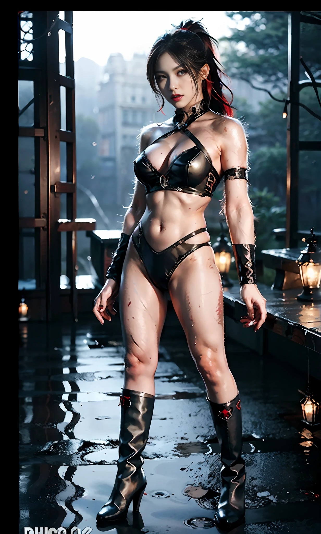 ulzzang-6500-v1.1, (raw photo:1.2), (photorealistic:1.4), best quality, {{masterpiece}}, {highres}, Perfect waist cut, Large breasts, Warrior girl with a small short sword on hand, Skimpy organza clothes, organza elements on clothes, net clothes, leather glossy elements on clothes, dark blue hair with red highlights, (perfect nose), Seductive gaze, dark blue knee high boots on high heels with red highlights, (Best Illustration), 8k Resolution, Intricate Details, Best Quality, Realistic, Ultra Detailed, Best Lighting, Best Shadows, Ultra HD, A Necromancer style, Night, Magic, Dark Style, Vampire, (shining red eyes:1.6), masterpiece, high_res, Beautiful face, tyndall effect, (photo realistic: 1.4), (high detailed skin:1.4), 8k uhd, dslr, high quality, Photograph, high resolution, 4k, 8k, Bokeh, absurdres, ponytail contorted, best ratio four finger and one thumb, front view, dark blue hair gorgeous, perfect proportional skinny fitness body, full body view, shiny skin, wet skin, wet clothes, dark cathedral baground scenery, huge bobs, belly muscle, long fit perfect legs, fishnet dark red Stockings, realistic reflection in the water ((no panties)), ((dynamic pose))), (camel toe)