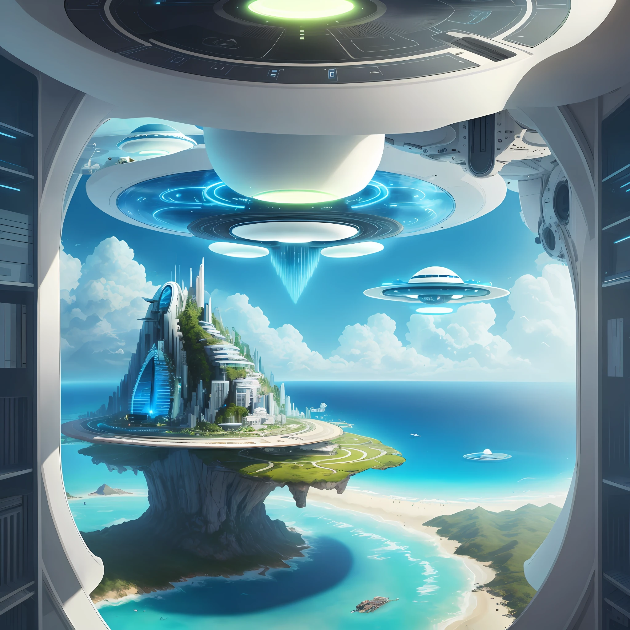 (high quality) futuristic paradise with flying saucers