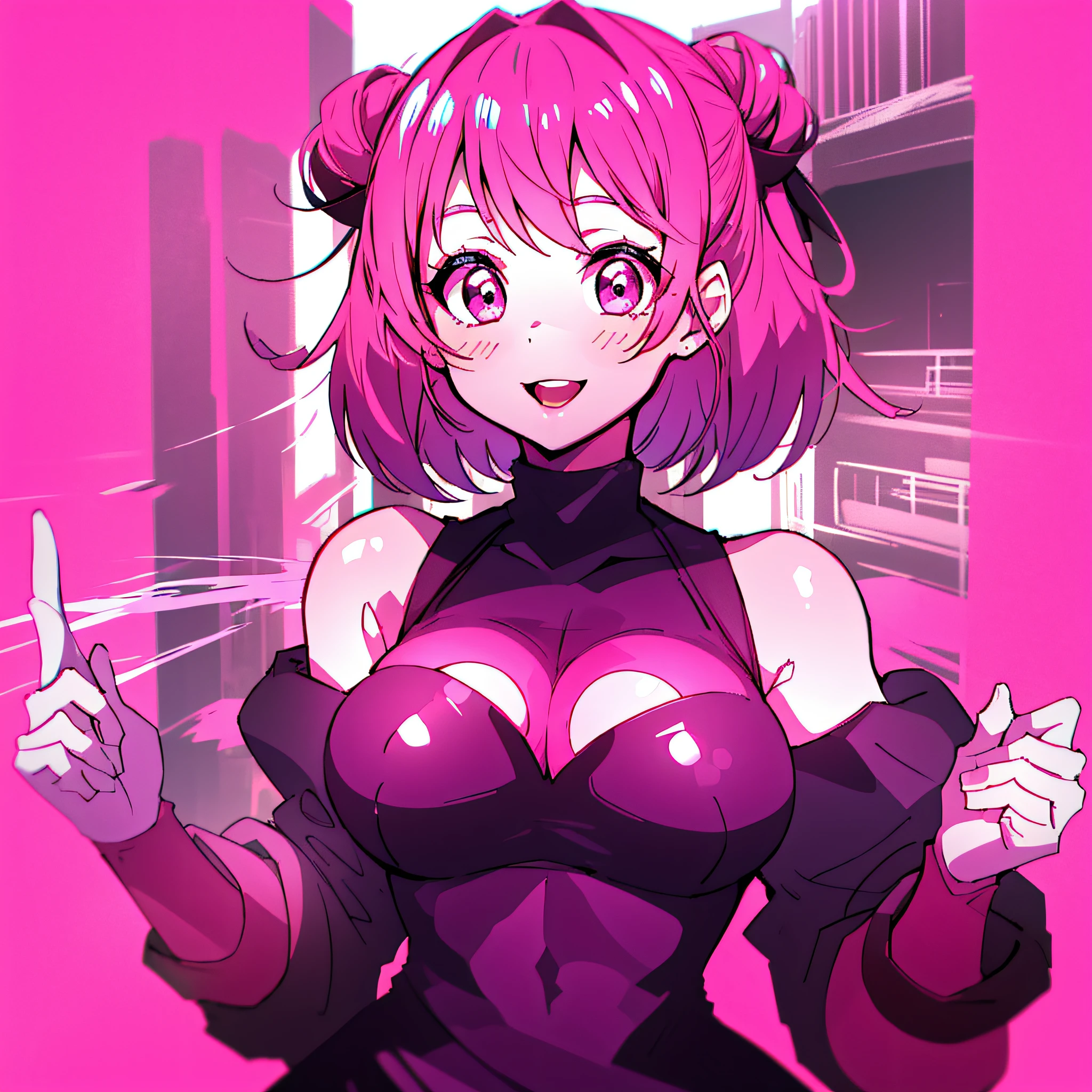 A Cute Girl with white skin, young body, size (small), chubby, short hair (up to the shoulders) pink and wavy [with black tones], shades of pink [bright], bbwchan, big breasts, black clothes (yor forger costume), round face, smile, with a pistol in hand, anime style, simple background, city environment, Close Up.