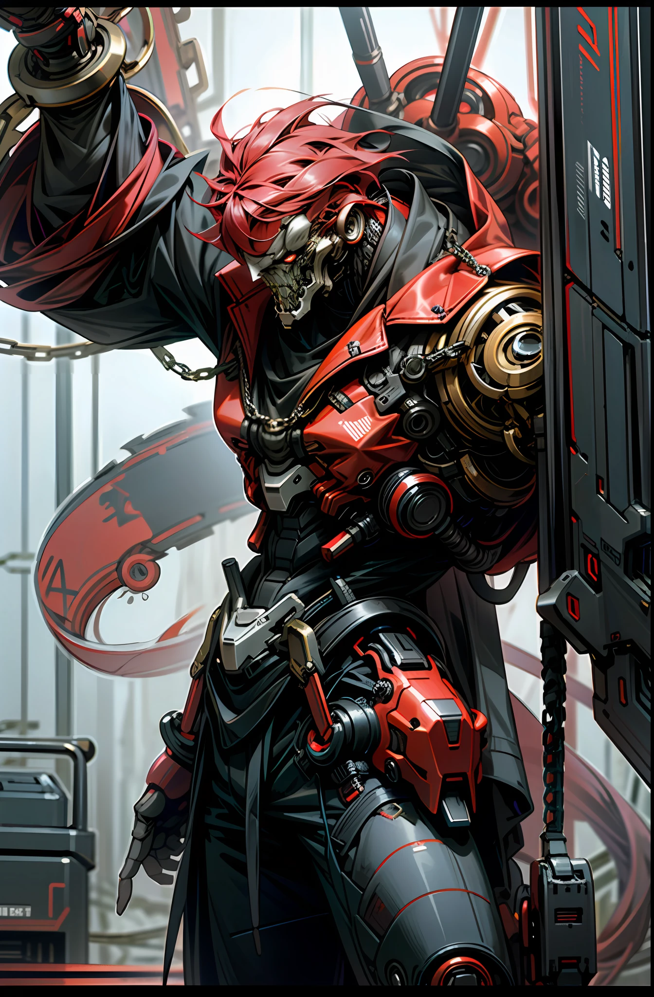 Dark_Fantasy,Cyberpunk,(chain saw,chain saw man,Red:1.1),1man,Mechanical marvel,Robotic presence,Cybernetic guardian,