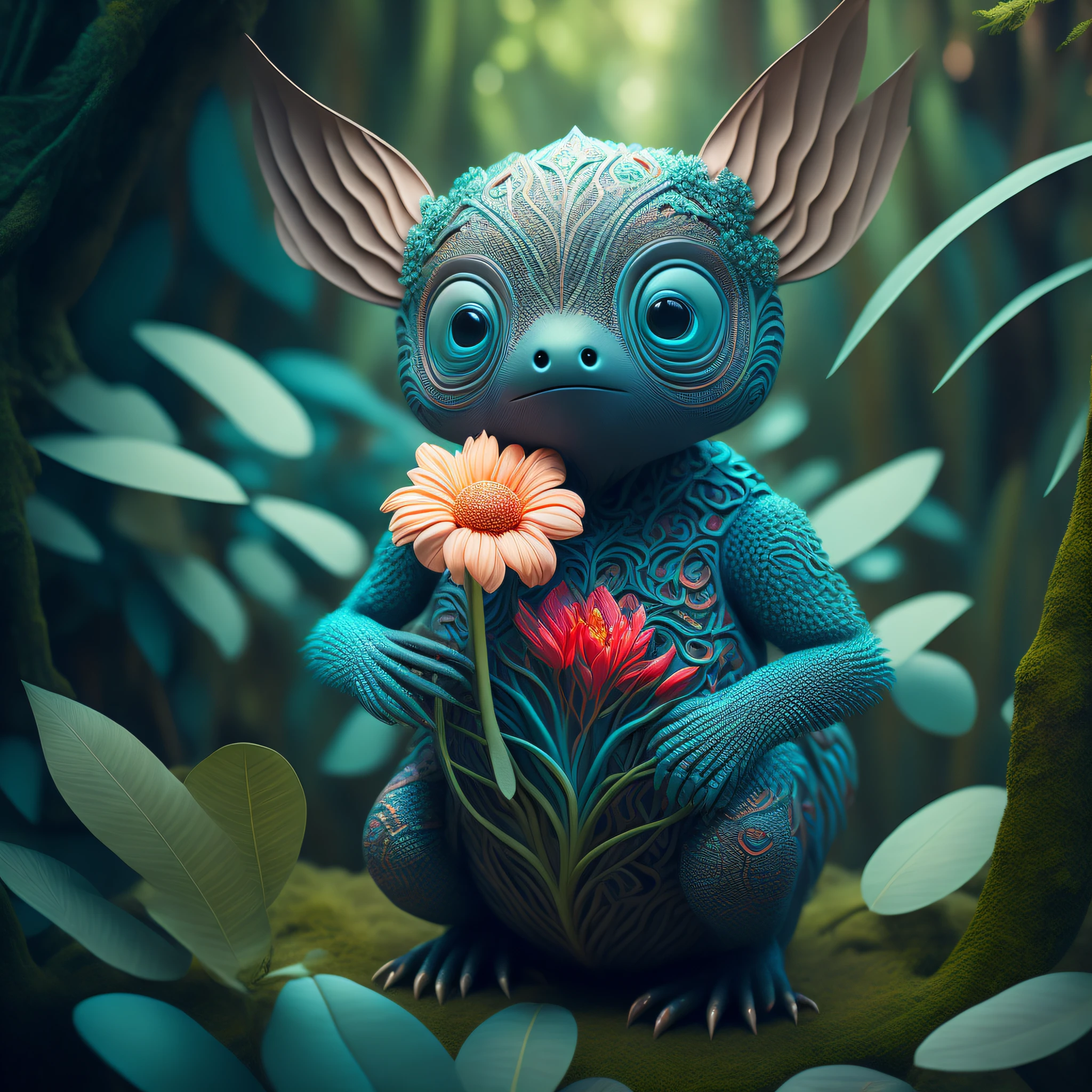 "Extremely hyper-realistic realistic cute creature holding a flower in the vast jungle by James Jean and Android Jones: Jeff Koons: Erin Hanson: Joe Fenton: Dan Mumford: Professional photography, natural lighting, volumetric lighting, minimalist photography illustration, 8k resolution concept art, complex detail, complex, elegant, vast, fantastical:"