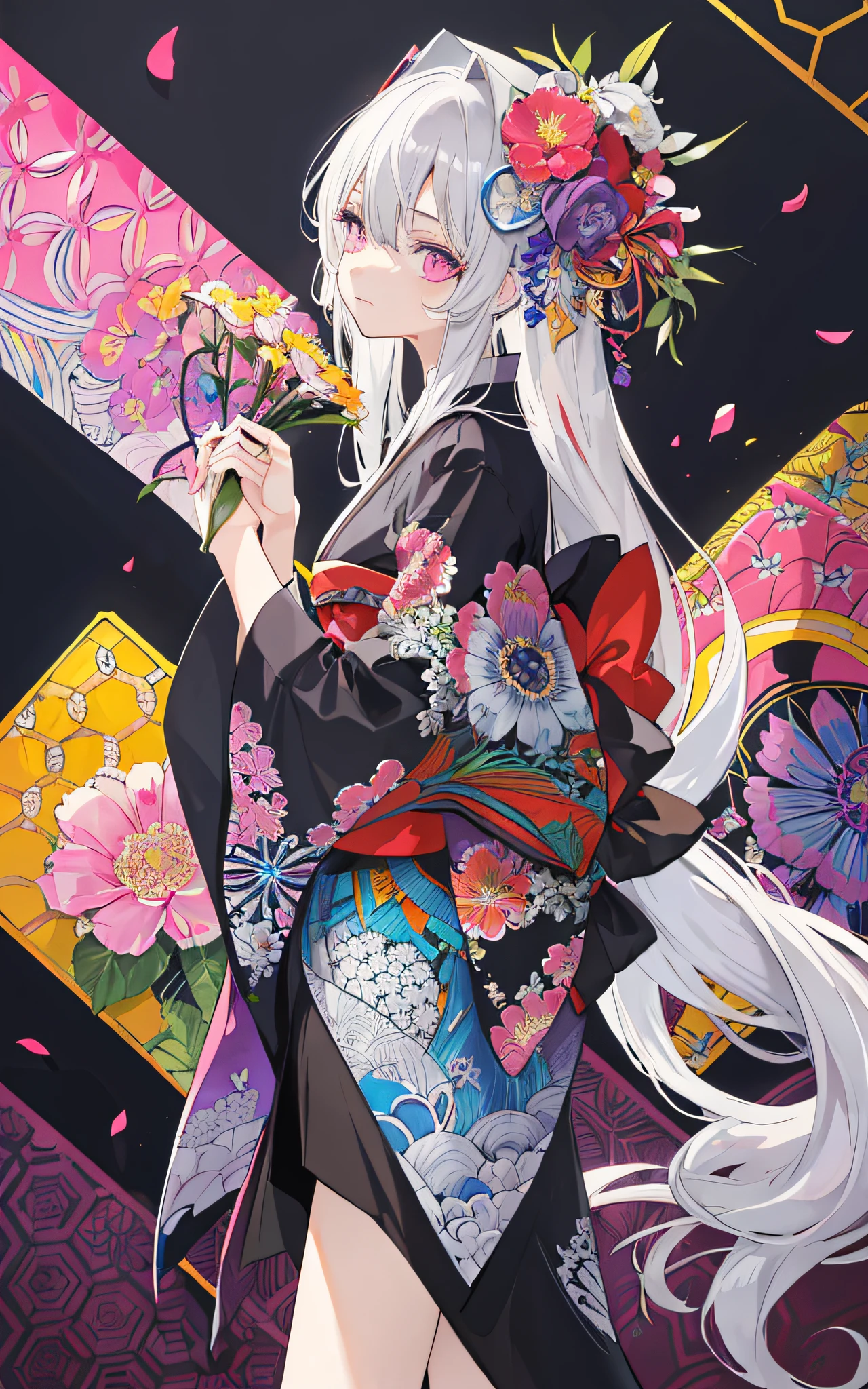 ((masterpiece:1.4, best quality))+, (ultra detailed)+,
[(black background:1.5)::0.25], (hexagon:1.4), (vivid color:1.4), vibrant color, bold color,
(pop art:1.4), (zentangle, flower effects:1.4), (art nouveau:1.1),
cowboy shot,(from side),
(cityscape,night,flower petals blowing,moonlight),
cute 1girl,wearing kimono,
silver hair, (very long hair:1.4), violet eyes,
(look sad,turn pale,sad,scared,closed mouth:1.2),