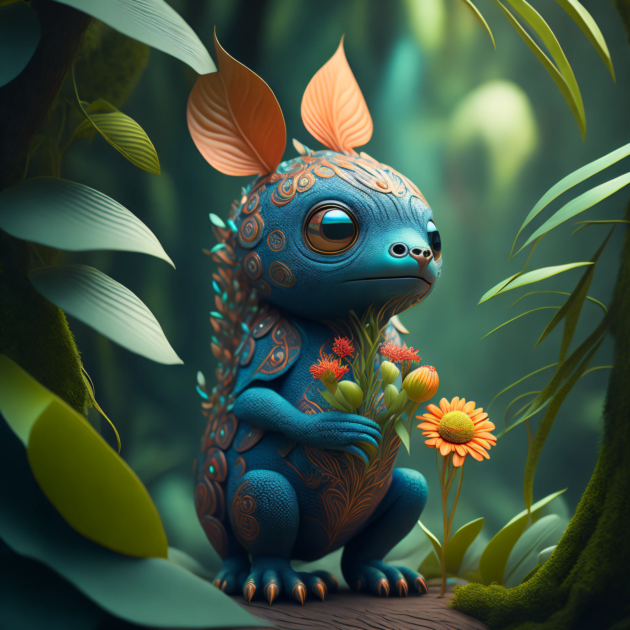 "Extremely hyper-realistic realistic cute creature holding a flower in the vast jungle by James Jean and Android Jones: Jeff Koons: Erin Hanson: Joe Fenton: Dan Mumford: Professional photography, natural lighting, volumetric lighting, minimalist photography illustration, 8k resolution concept art, complex detail, complex, elegant, vast, fantastical:"