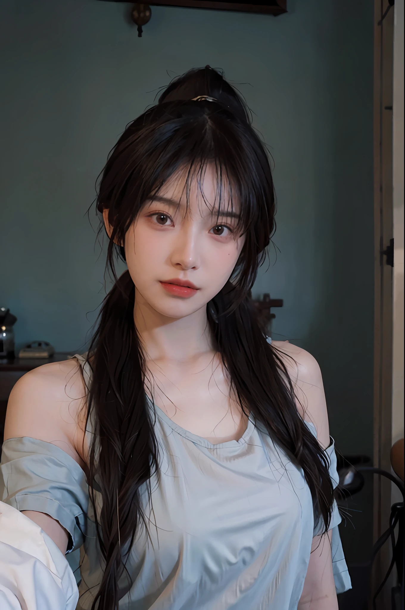 8K, Best Quality, Masterpiece, Ultra High Resolution, (Realism: 1.4), Original Photo, (Real Skin Texture: 1.3), (Film Grain: 1.3), (Selfie Angle), 1 Girl, Beautiful Eyes and Face Details, (Brown Mullet Head), (Ponytail), (Big Tits: 1.2), Cyan T-Shirt, Masterpiece, Best Quality, Close-up, Upper Body,