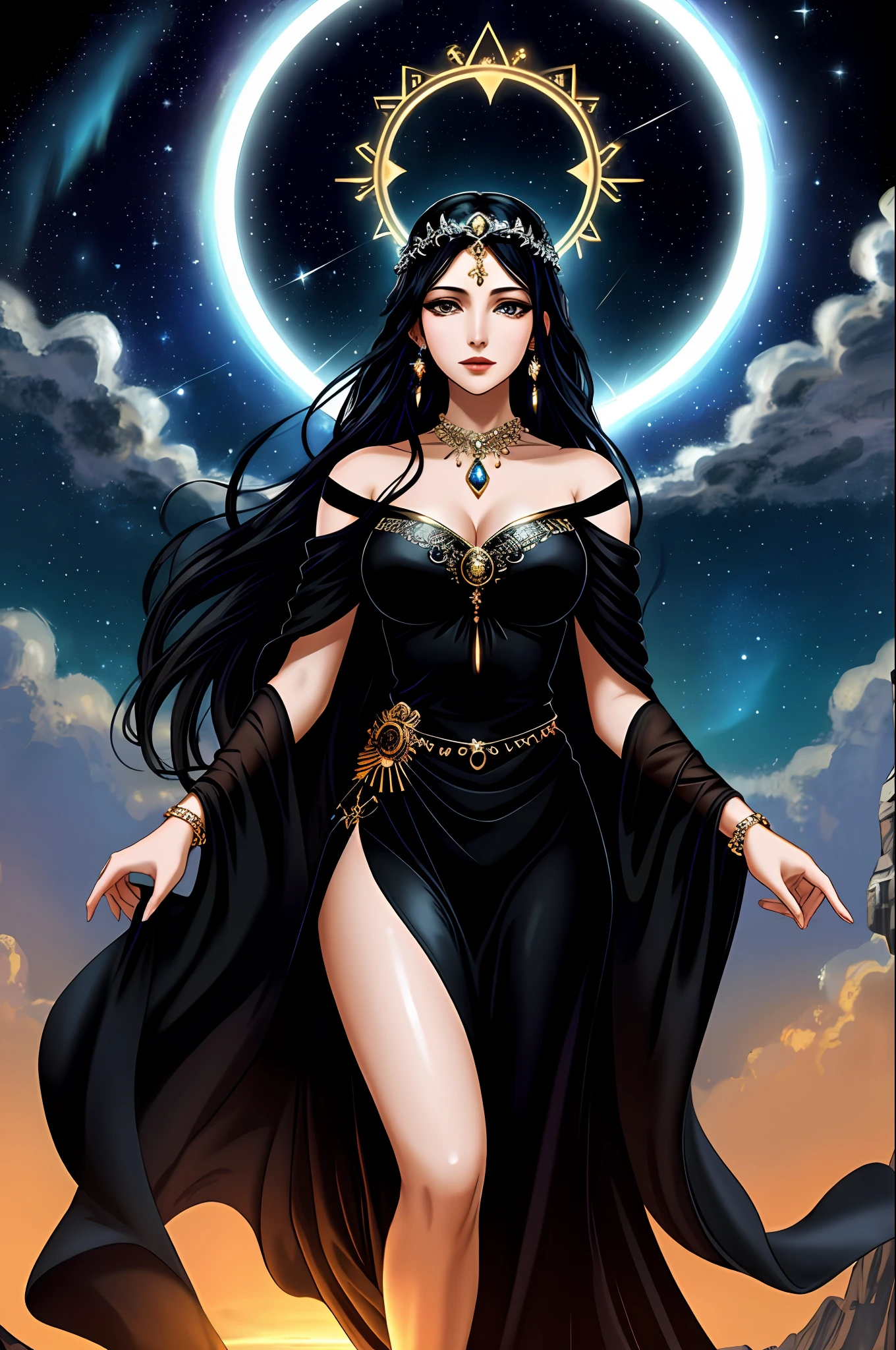 Visionary Art, floating woman, black wings, deity, goddess of Greek mythology, nyx goddess, allegorical painting, goddess Hecate, elegant dress, black dress, flowing clothing, black clothing, black hair, big hip, beautiful hands, hands holding bright crystal, minimalist tiara, crystal tiara, beautiful jewelry, minimalist jewelry, halo of light behind the head, night scenery, starry night, magic clouds, beautiful clouds, renaissance, divine, expansion of Consciousness,