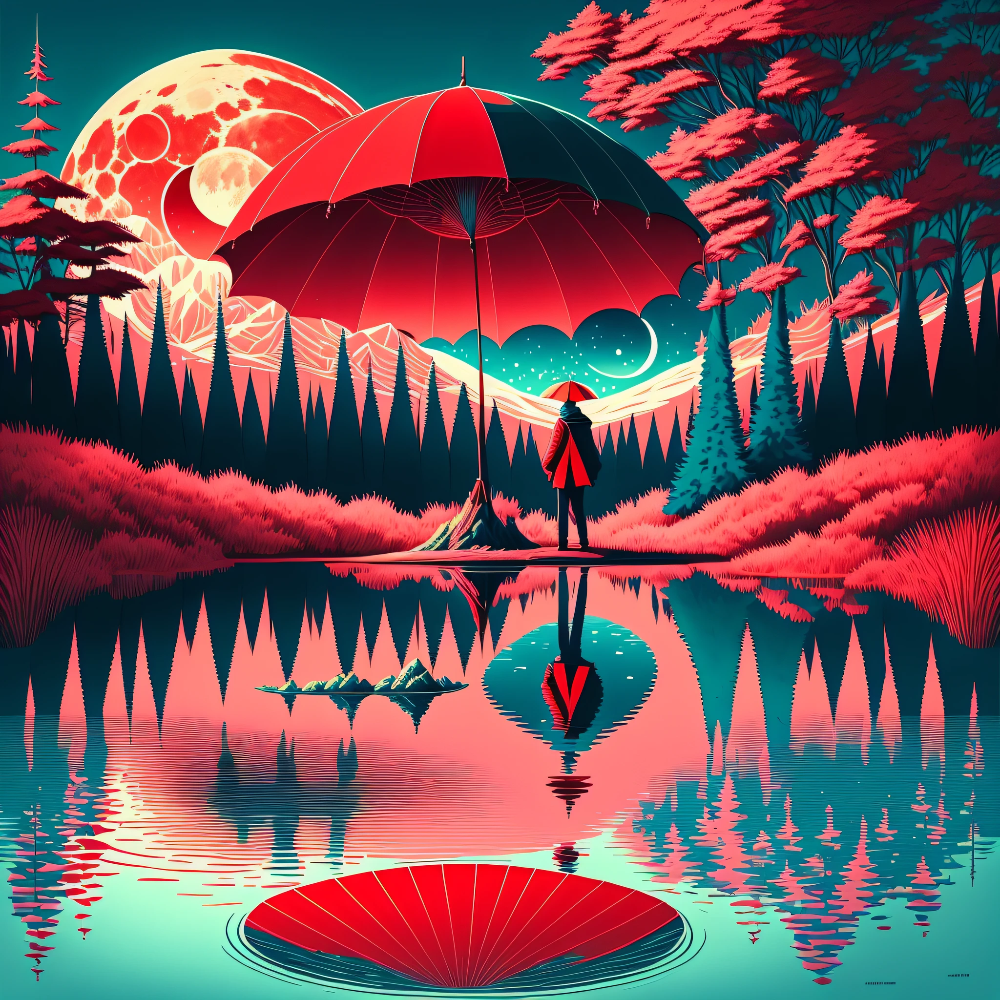 Draw a surrealistic scenario with a giant moon in the background and a deep-water lake in front. There is a dense forest around the lake and a person walking on the shore of the lake. The person is holding a red umbrella and there is a small bird perched on his shoulder. Add additional elements to make the drawing even more psychedelic and interesting. --auto --s2