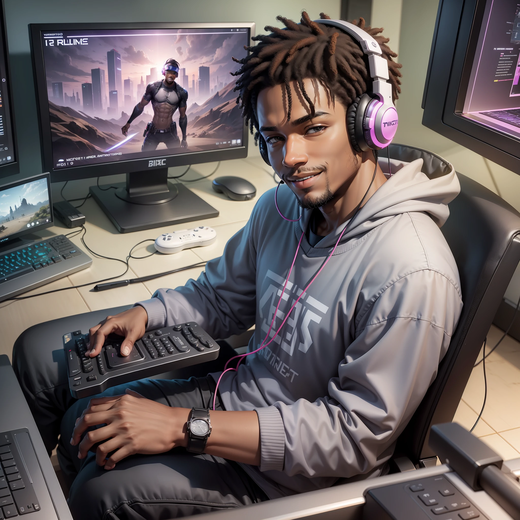 Smiling black man sitting in a chair with headphones and a keyboard, holding a bible, gaming computers, using a headset for gaming, PC games, using headset for gaming, playing video games, led games, games table, game room, playing, sitting at a computer desk, sitting at a computer,  computer game, in front of a computer, Twitch streamer, very expressive, realistic anime, drawn,