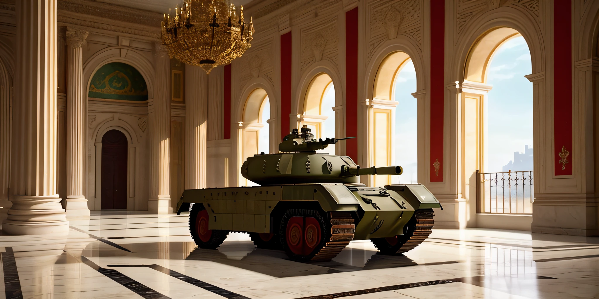 Futuristic tank on white marble floor, red marble, green marble, light Turquoise marble, marble aesthetic, white marble, shiny floor, marble floors, red padded, Greek Roman Columns, royal aesthetic, dark red details, Dark green details, Golden details, Gold, Turquoise details ((masterpiece with tank)) ((Futuristic Tank in old palace)), color photograph, (sharp focus:1.2), sitting, extremely detailed, intricate, dramatic lighting, moody and melancholic atmosphere, sony a7 IV film stock photograph 4 kodak portra 400 camera f1.6 lens rich colors hyper realistic lifelike texture, best quality dramatic lighting cinestill 800, deep shadow, photo, Highly detailed, wide angle lens, depth of field, bokeh, 4K, HDR, absurdres, hyperrealistic, photorealistic, 1980s.@Ataturk creator