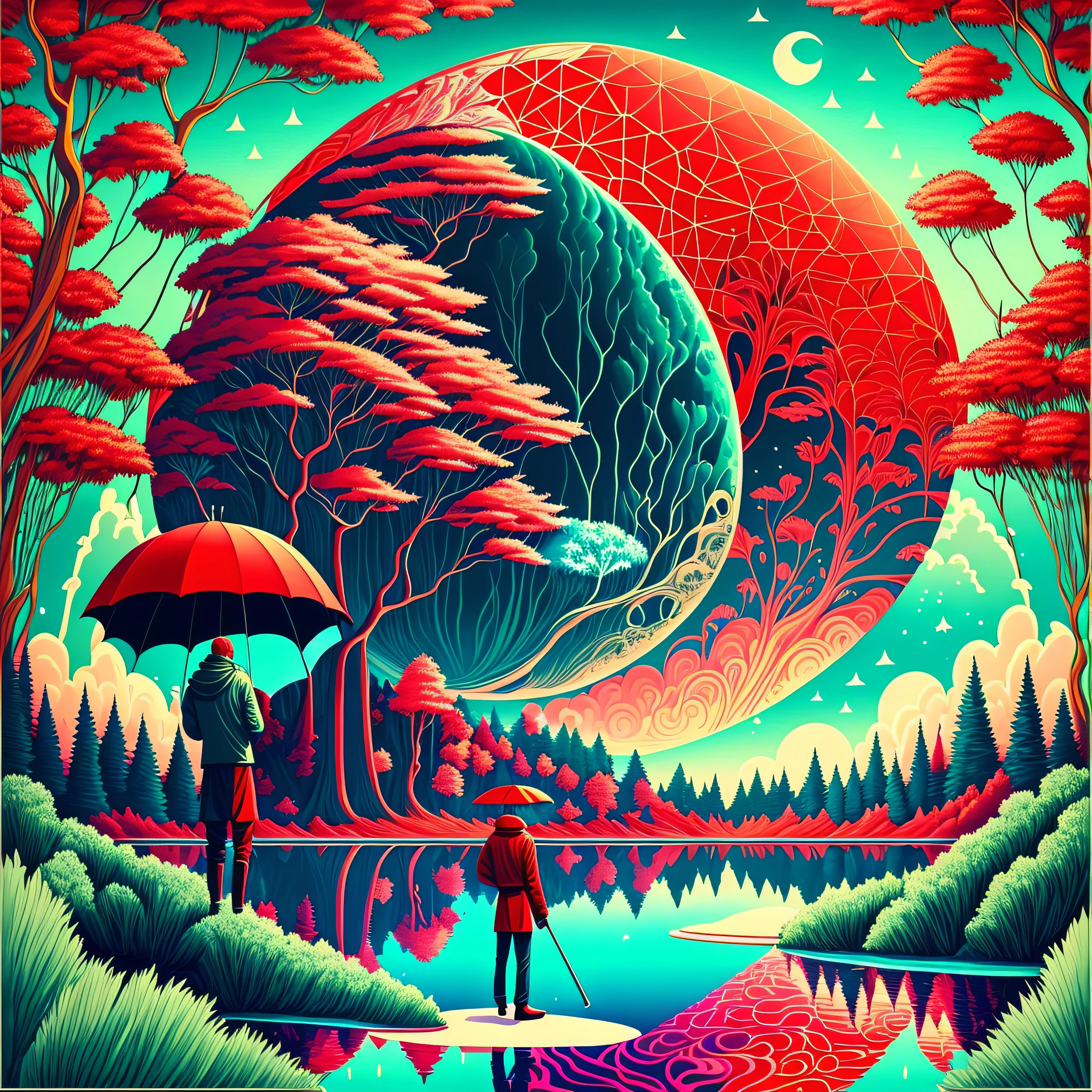 Draw a surrealistic scenario with a giant moon in the background and a deep-water lake in front. There is a dense forest around the lake and a person walking on the shore of the lake. The person is holding a red umbrella and there is a small bird perched on his shoulder. Add additional elements to make the drawing even more psychedelic and interesting. --auto --s2