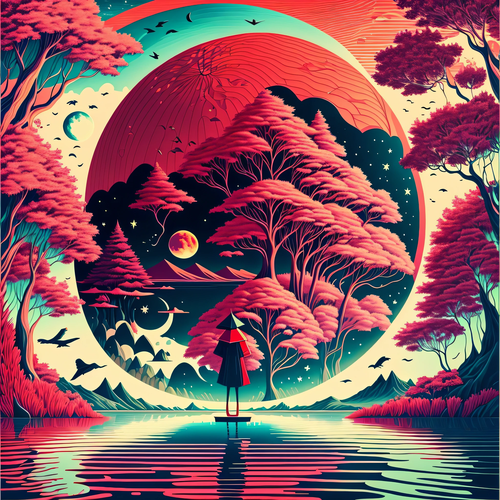 Draw a surrealistic scenario with a giant moon in the background and a deep-water lake in front. There is a dense forest around the lake and a person walking on the shore of the lake. The person is holding a red umbrella and there is a small bird perched on his shoulder. Add additional elements to make the drawing even more psychedelic and interesting. --auto --s2