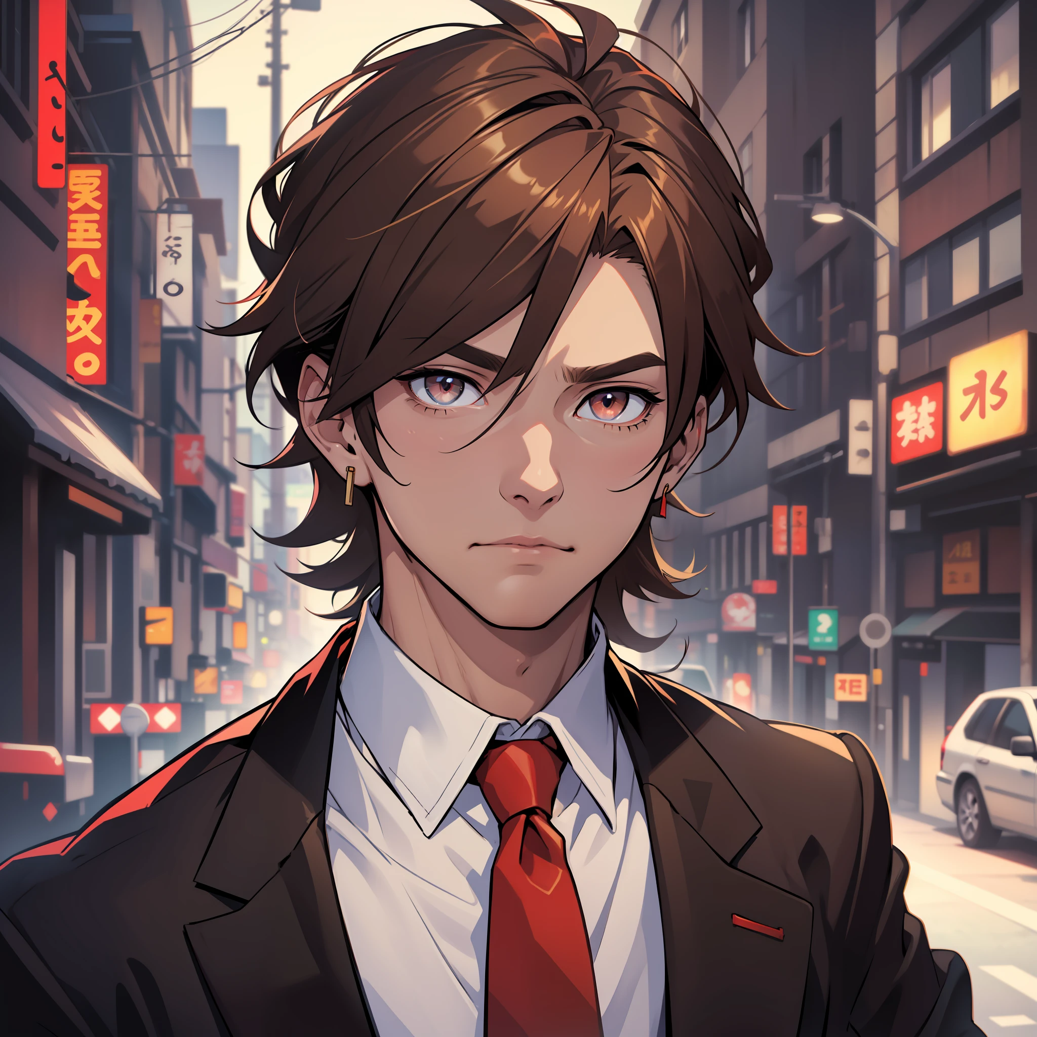 Man tie and term of color 535959, red tie, brown hair, small earring gold right ear, outlined black, anime, amber colored eyes, cold look, expression would be