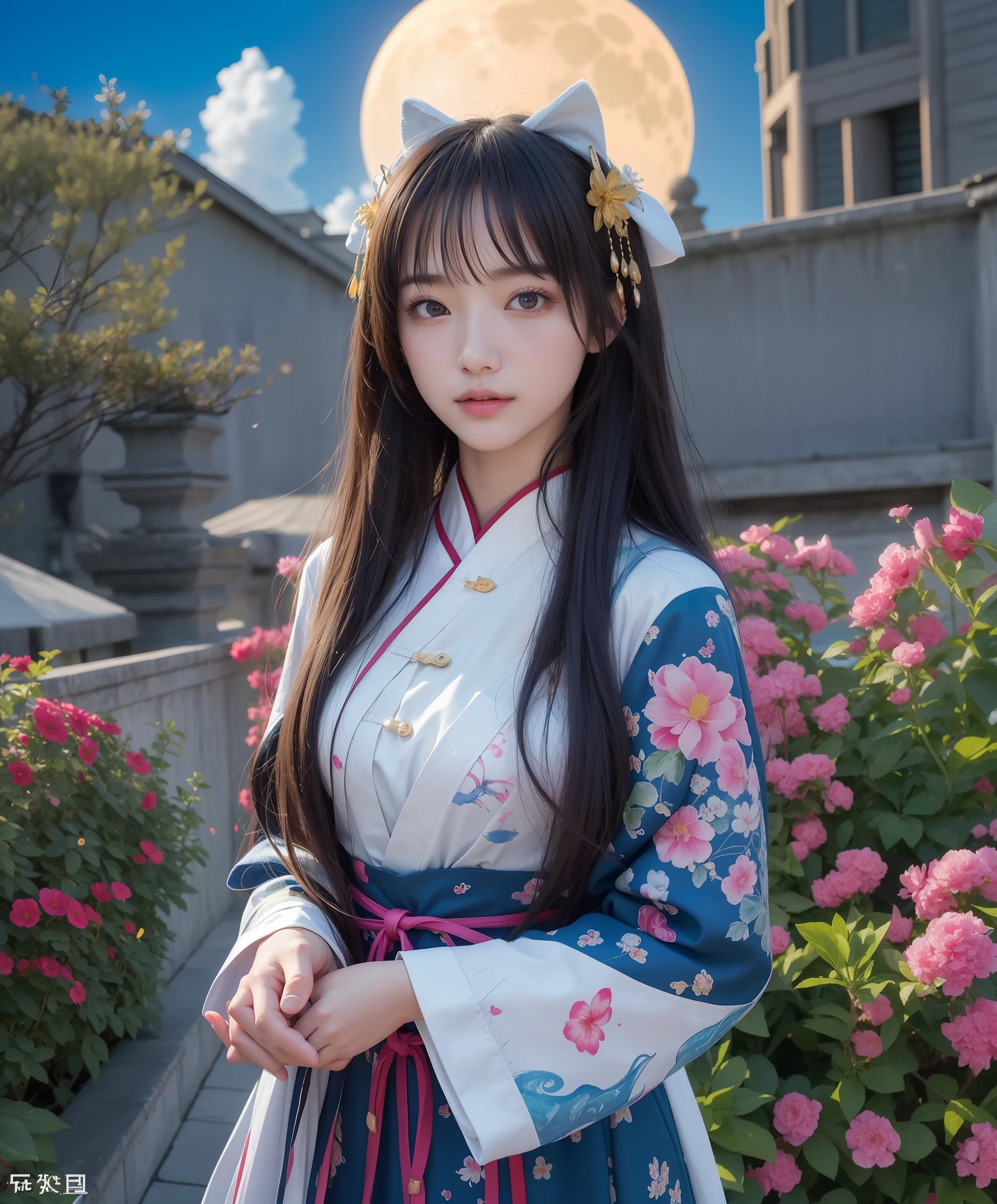 (8k, RAW photo:1.2), best quality, ultra high res,dramatic angle,(fluttered detailed color splashs), (illustration),(((1 girl))),(long hair),(rain:0.9), (头饰:1.4),少女身边有一座古宫,汉服,(重点),彩色水墨画,(泼彩),泼彩,(((colorful))),(素描:0.8) , Masterpiece, best quality, beautiful painted, highly detailed,(denoising:0.6),[splash ink],((ink refraction)), (beautiful detailed sky),moon,highly,detaild,(masterpiece, best quality, extremely detailed） CG unity 8k壁纸，杰作，最好的质量，超详细），（石蒜），