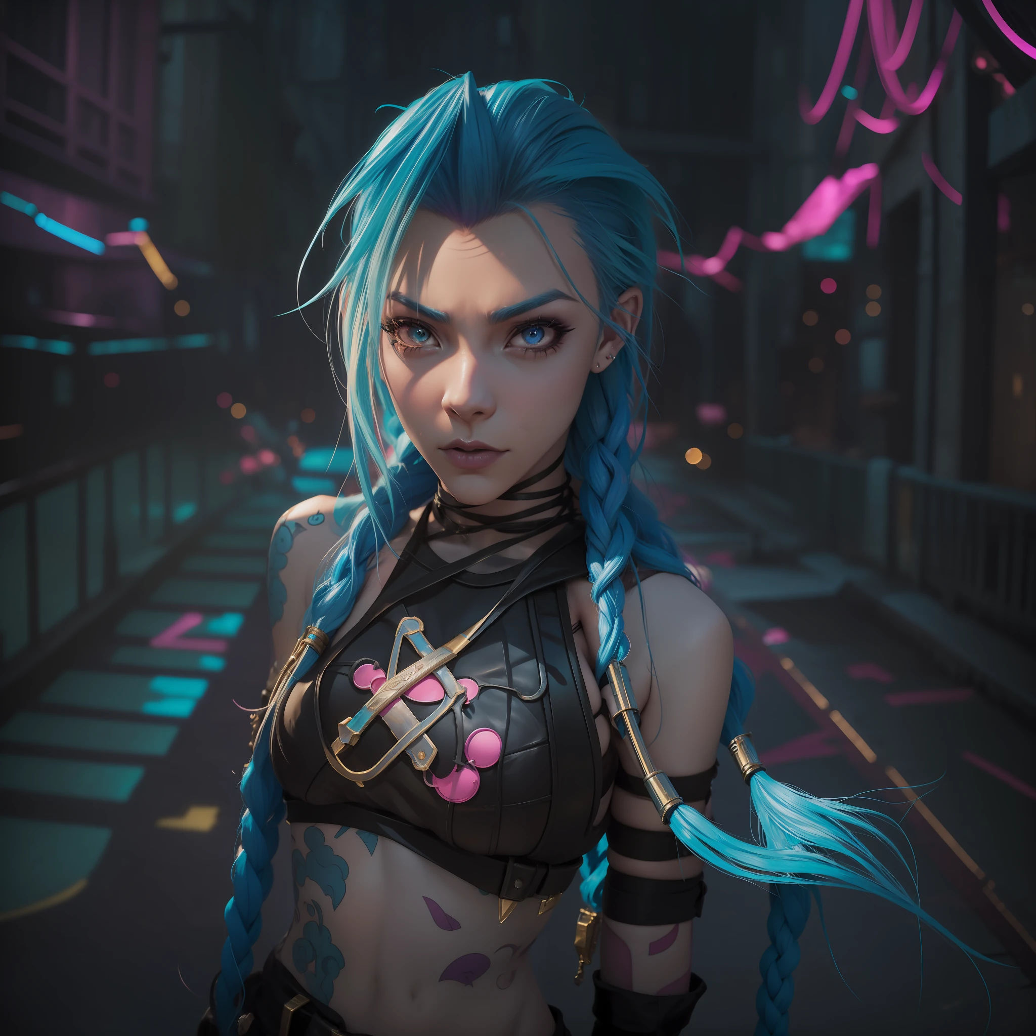 Jinx, league of legends, lol, cabelo azul, cara insana, street visual, neon colors, Surrealism, drop shadow, anaglyph, stereogram, tachi-e, pov, atmospheric perspective, Ghibli-like colours, Hyperrealism, 8k, super detail, ccurate, best quality, masterpiece, super detail, anatomically correct