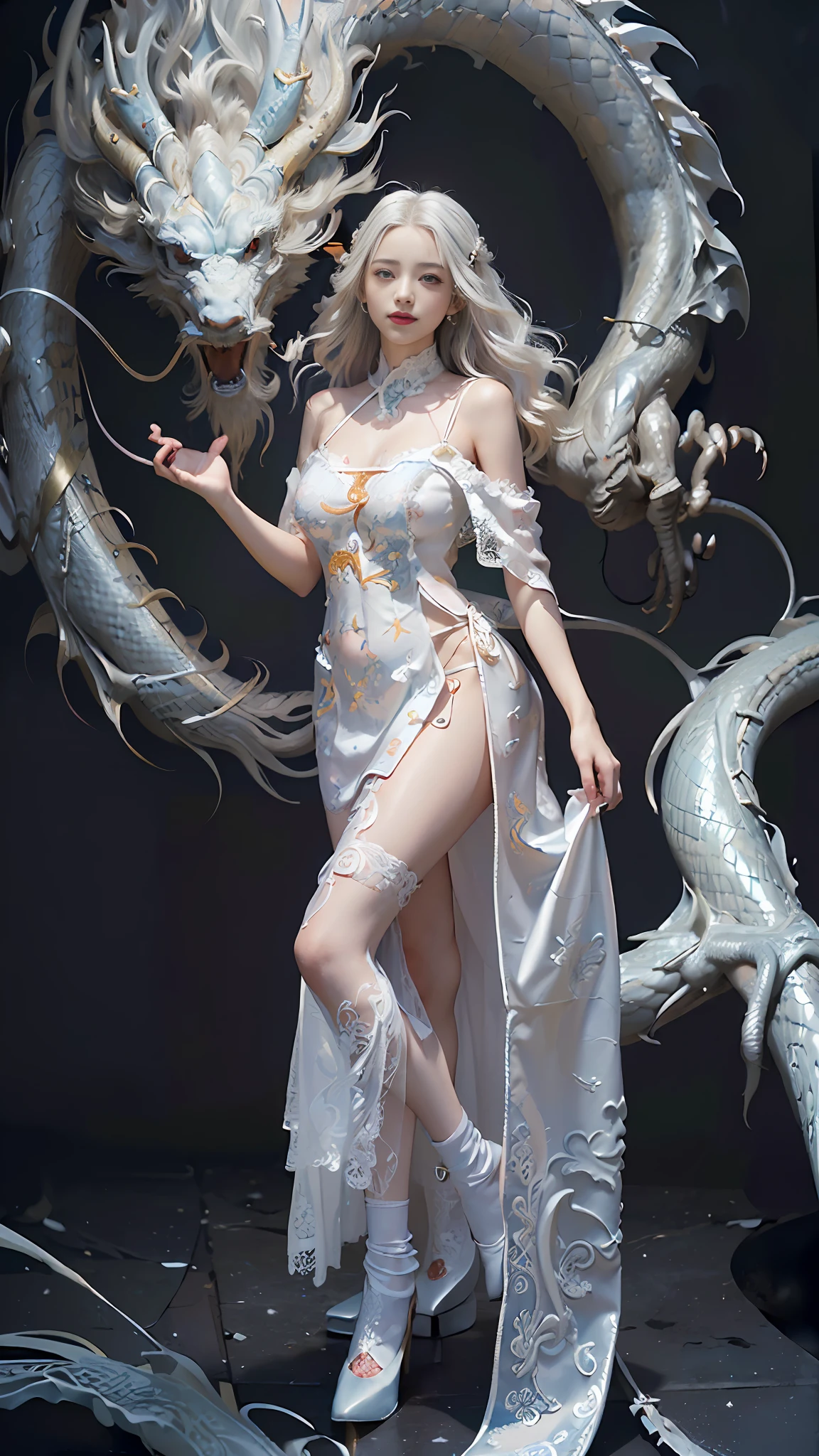 Official Art, Unified 8k Wallpapers, ((Hyperrealism) (Surrealism)), (3D), Ultra Detailed, Beautiful and Aesthetic, Masterpiece, Best Quality, (Zentangle, Tangle, Entangle), (Fractal Art: 1.4), 1girl, Detailed Eyes, (Fine Skin, Diffused Skin Pores), ((Very Detailed Background, Very Detailed Face, (Very Detailed, Fine Detail, Intricate), Shallow Depth of Field, Diffuse Soft Light, (long white hair), off-the-shoulders, white lace skirt, thighs, standard model, mid-breasts, dragon horns, very detailed, dynamic angle, cowboyshot, (most beautiful form of chaos), ethereal, (bright colors), oc, (full body: 1.2), china, (thangka flying sky: 1.5), (lace slip dress: 1.3), (dream: 1.5), (silk: 1.5), Chinese dragon, Chinese phoenix, (smile: 0.5), (Chinese gods),