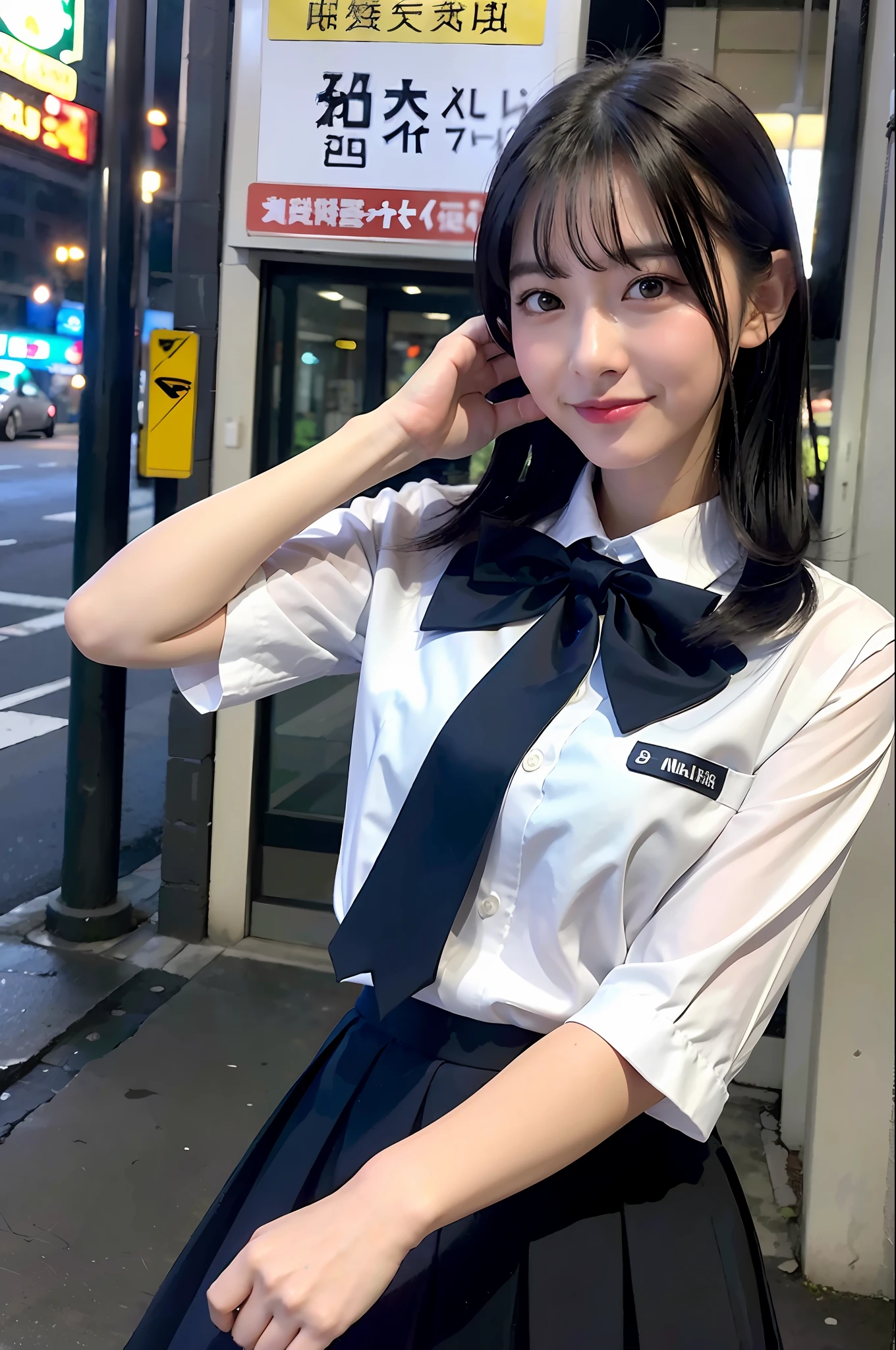 (8k, RAW photo, best quality, mastery:1.3), (realistic, photo-realistic:1.37), (looking viewer:1.331), (white hair), posing, Tokyo street, nightcityscape, cyberpunk city, soft light, 1girl, extremely beautiful face , Perfect body proportions, (small face: 1.1), bust, casual hairstyle, smile, big eyes, (short sleeves JK_shirt), JK_style, (navy JK_skirt), (bow JK_tie), mix4, detailed eyes