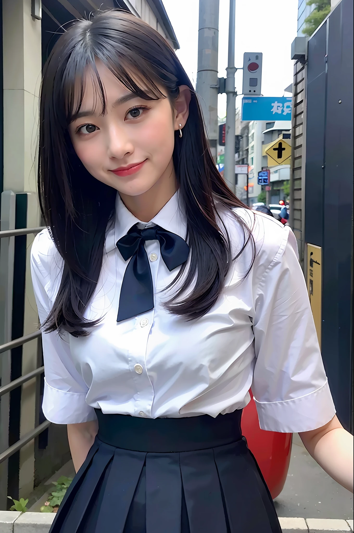 (8k, RAW photo, best quality, mastery:1.3), (realistic, photo-realistic:1.37), (looking viewer:1.331), (white hair), posing, Tokyo street, nightcityscape, cyberpunk city, soft light, 1girl, extremely beautiful face , Perfect body proportions, (small face: 1.1), bust, casual hairstyle, smile, big eyes, (short sleeves JK_shirt), JK_style, (navy JK_skirt), (bow JK_tie), mix4, detailed eyes