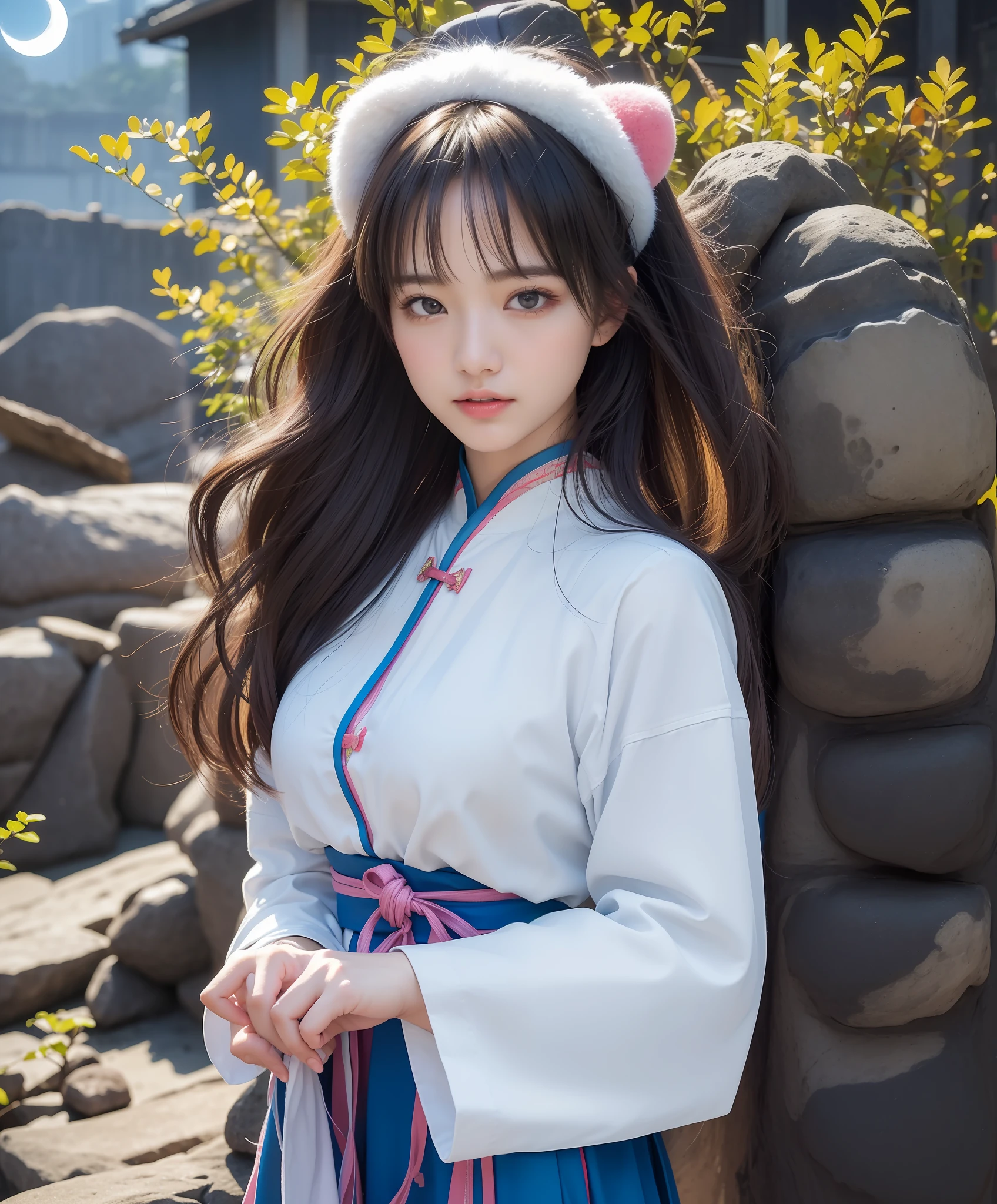 (8k, RAW photo:1.2), best quality, ultra high res,dramatic angle,(fluttered detailed color splashs), (illustration),(((1 girl))),(long hair),(rain:0.9), (头饰:1.4),少女身边有一座古宫,汉服,(重点),彩色水墨画,(泼彩),泼彩,(((colorful))),(素描:0.8) , Masterpiece, best quality, beautiful painted, highly detailed,(denoising:0.6),[splash ink],((ink refraction)), (beautiful detailed sky),moon,highly,detaild,(masterpiece, best quality, extremely detailed） CG unity 8k壁纸，杰作，最好的质量，超详细），（石蒜），