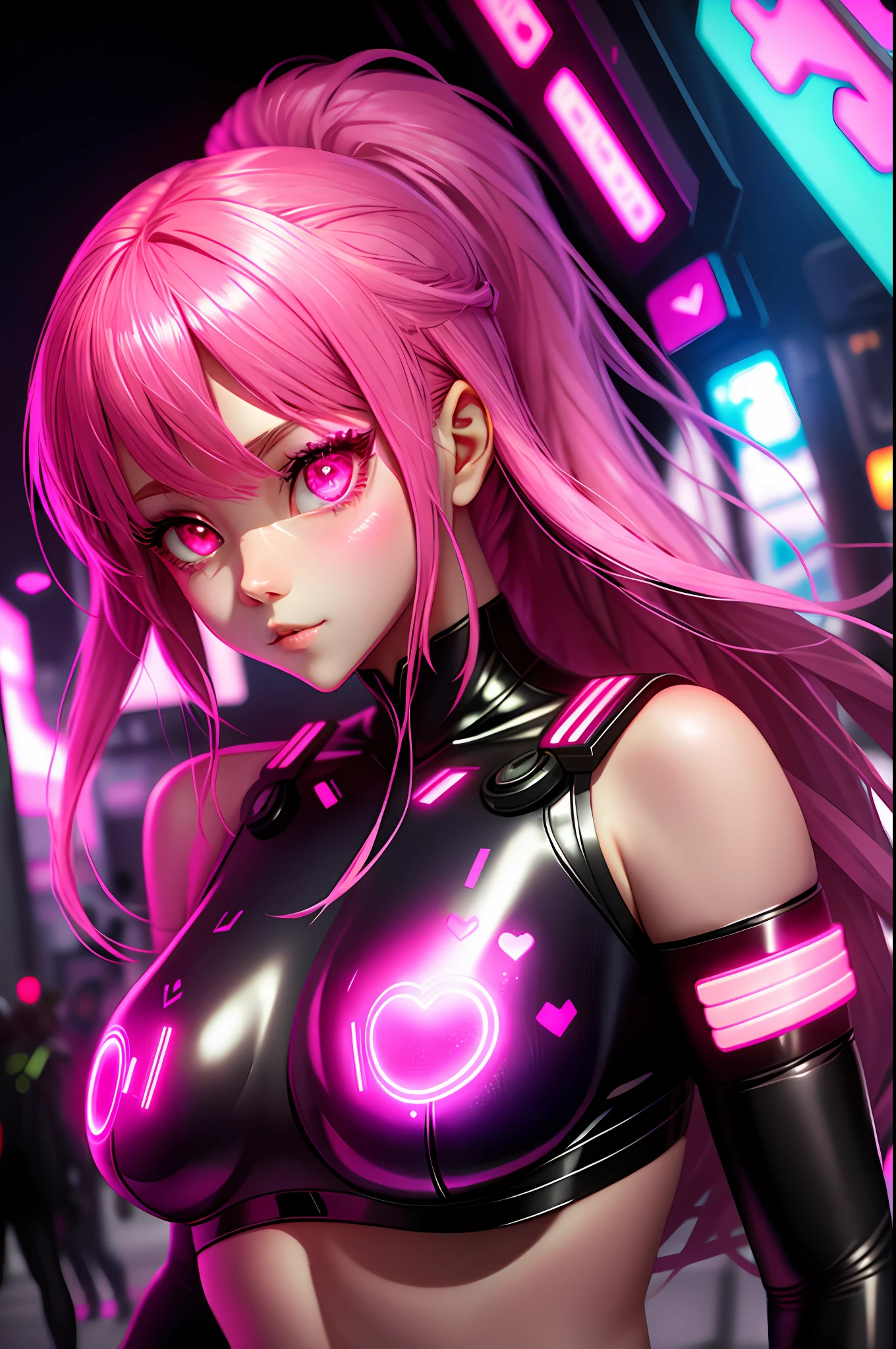 Anime style girl, cute cyberpunk, neon pink, pink eyes sparkles in detail, beautiful lighting, heart in lights, face only, beautiful shiny hair