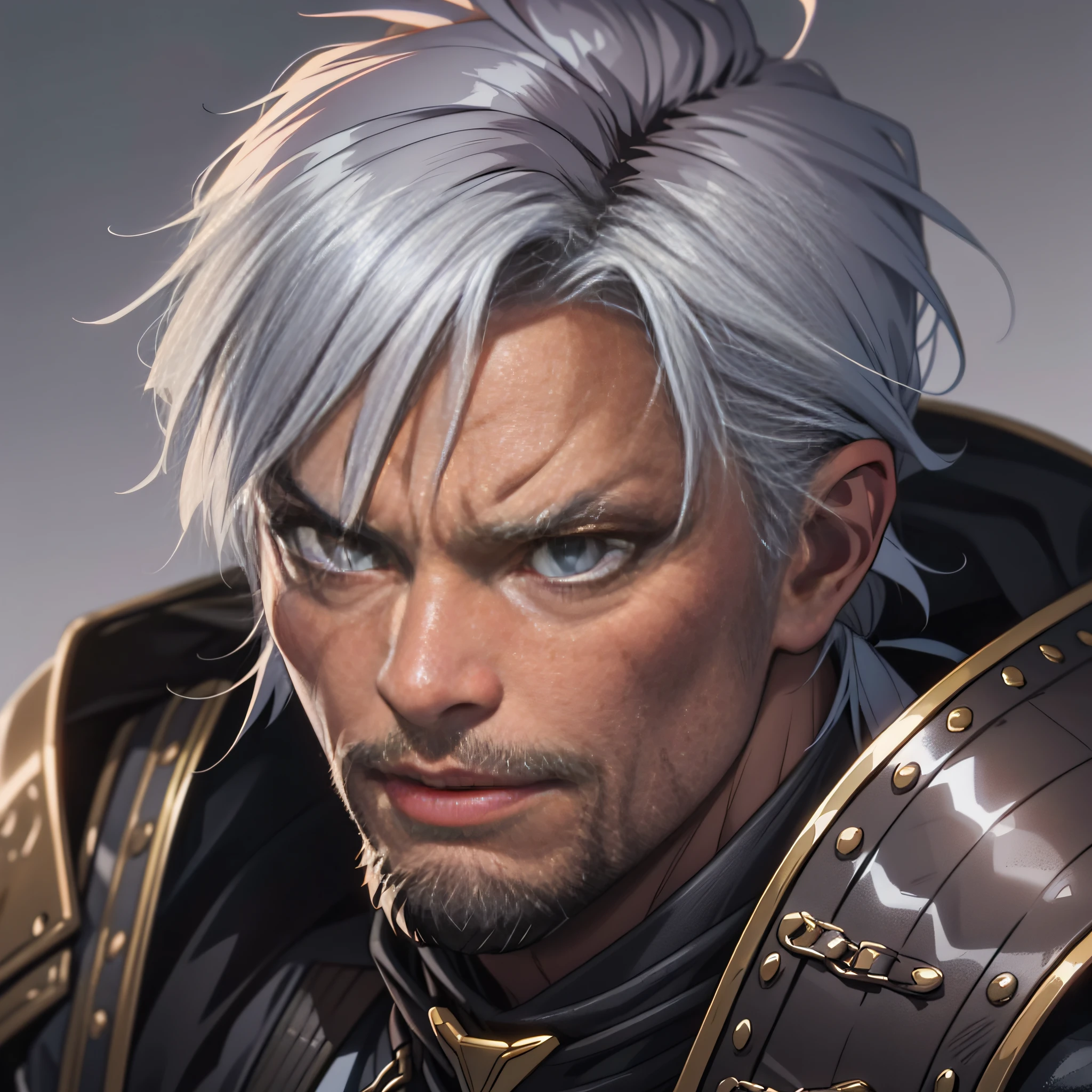 Portrait Rpg, close-up, Vector Art, High quality, Race: human, Gender: Male, Age: 95 years, Eyes color: black, Skin color: Light skin with grey shades, Physique: normal complexion, Facial features: Skin without marks, Expression: Serious look, Hairstyle: Gray gray hair, Equipment: leather armor, Background: tavern